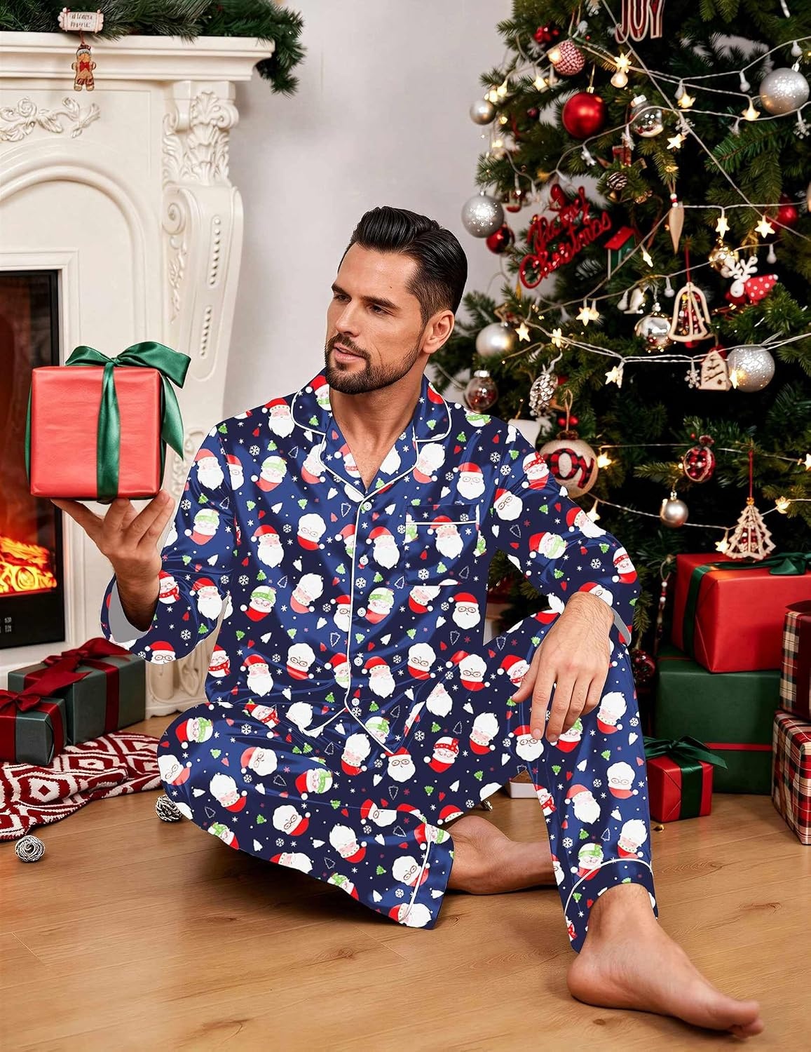 image:imageEkouaer Mens Pajamas Set Silk Satin Sleepwear Long Sleeve Button Down PjsChristmas Navy