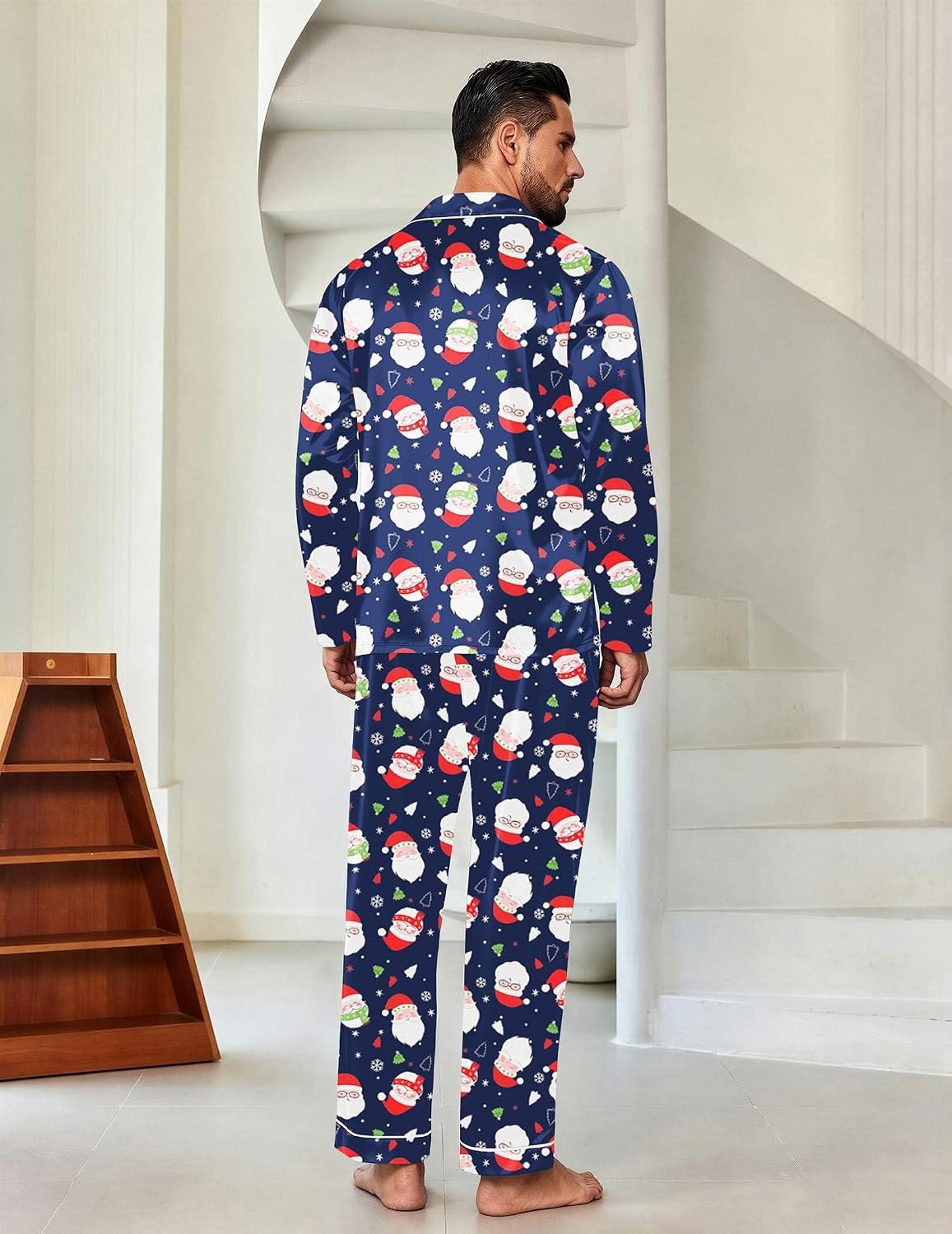 image:imageEkouaer Mens Pajamas Set Silk Satin Sleepwear Long Sleeve Button Down PjsChristmas Navy