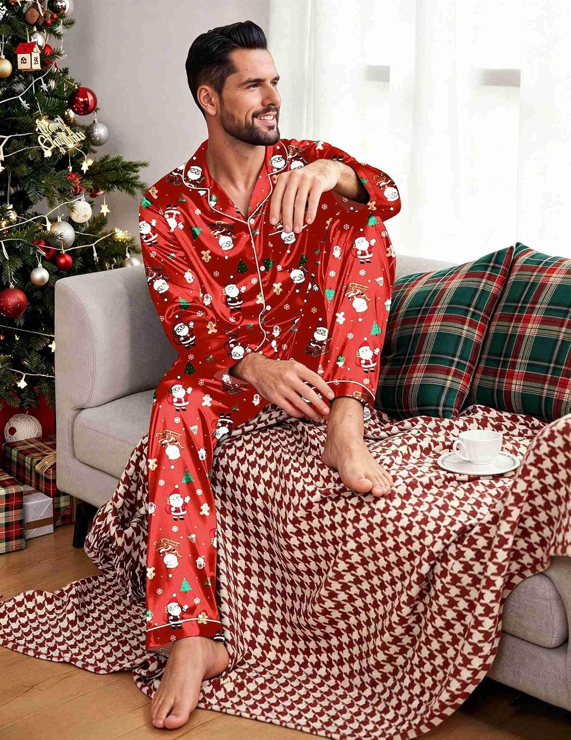 image:imageEkouaer Mens Pajamas Set Silk Satin Sleepwear Long Sleeve Button Down PjsChristmas Red