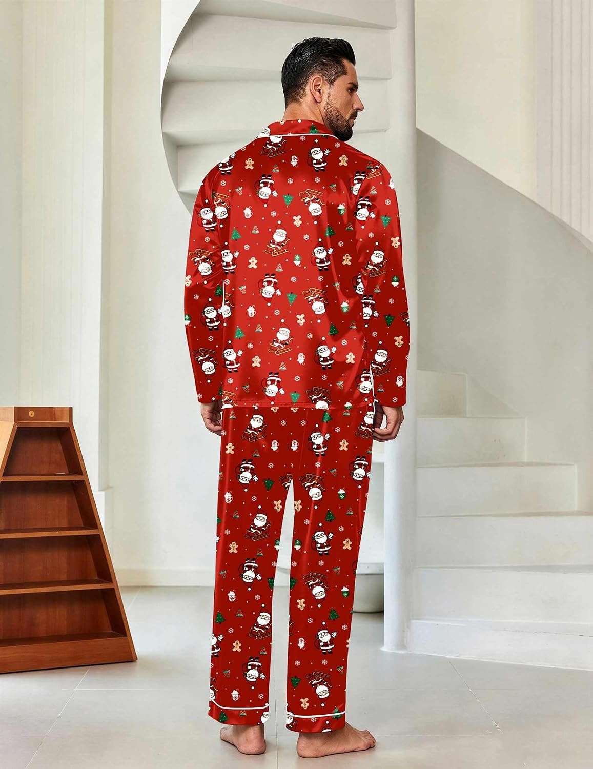 image:imageEkouaer Mens Pajamas Set Silk Satin Sleepwear Long Sleeve Button Down PjsChristmas Red