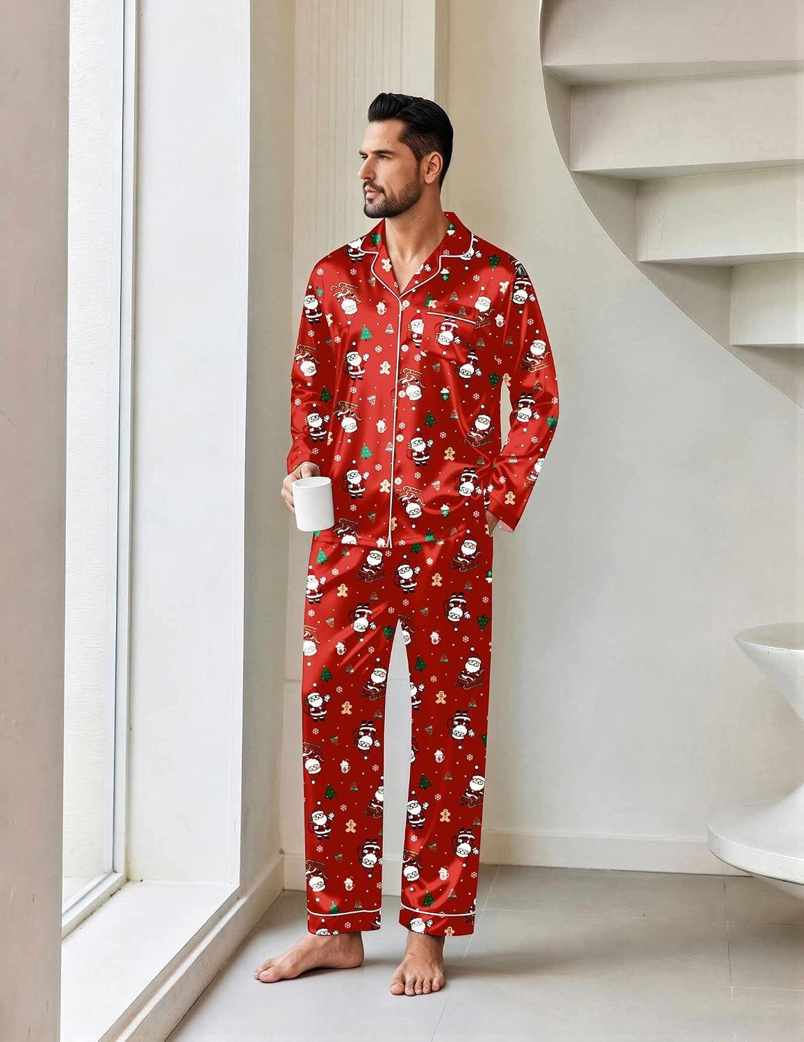 image:imageEkouaer Mens Pajamas Set Silk Satin Sleepwear Long Sleeve Button Down PjsChristmas Red