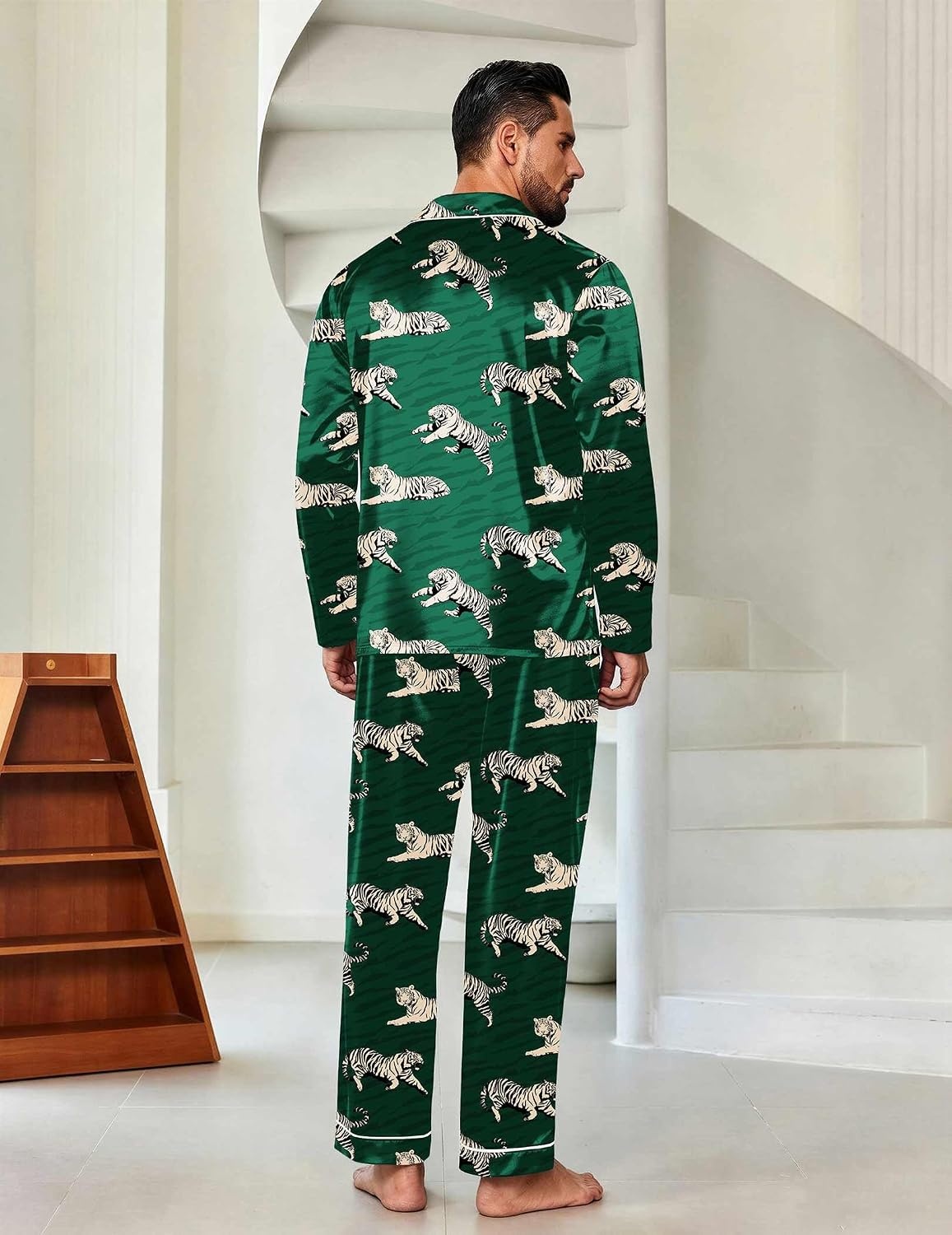image:imageEkouaer Mens Pajamas Set Silk Satin Sleepwear Long Sleeve Button Down PjsDark Green Tiger