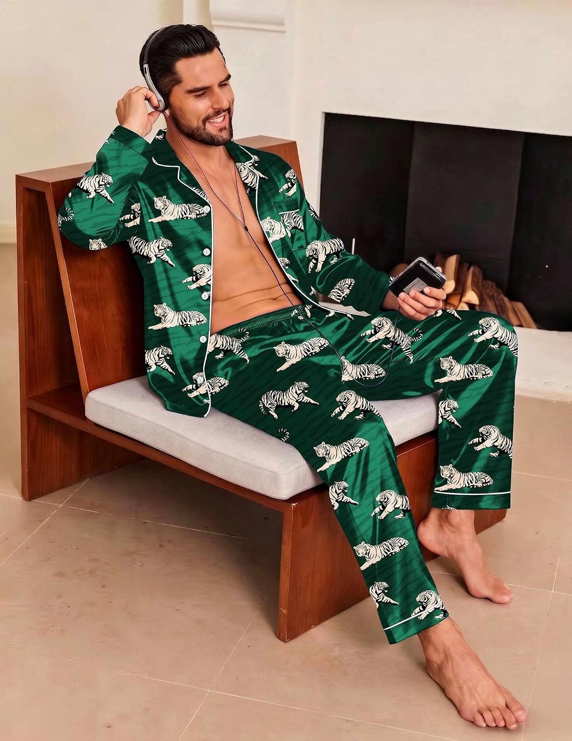 image:imageEkouaer Mens Pajamas Set Silk Satin Sleepwear Long Sleeve Button Down PjsDark Green Tiger