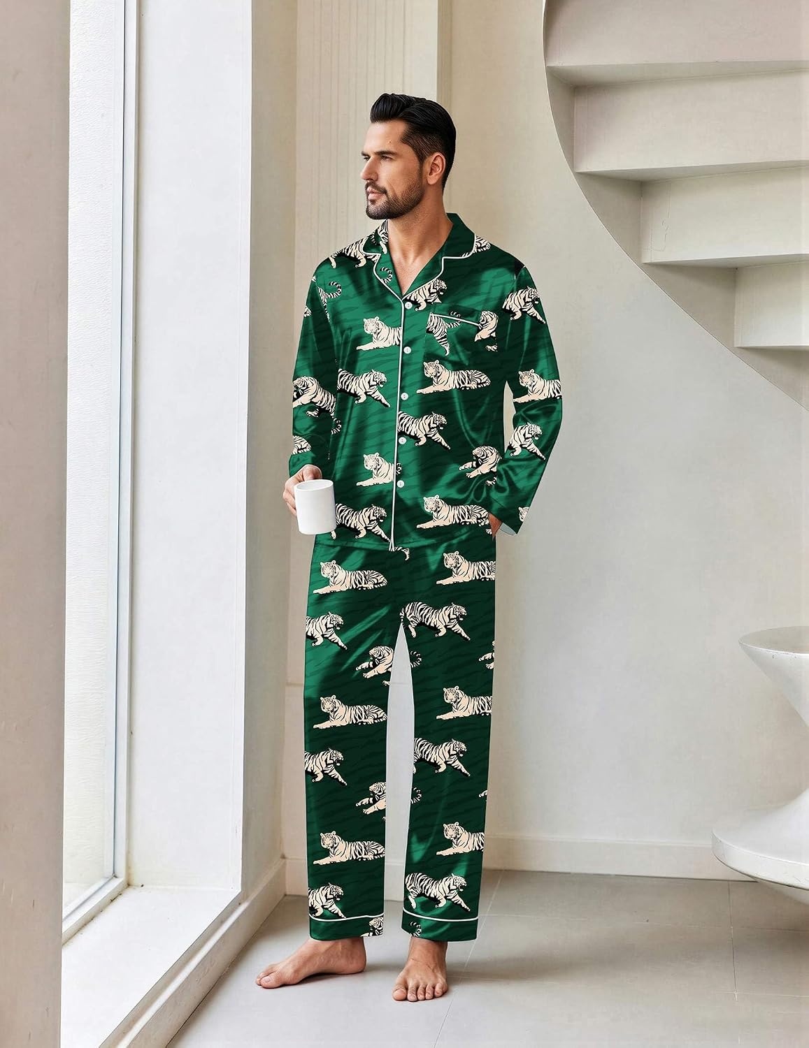 image:imageEkouaer Mens Pajamas Set Silk Satin Sleepwear Long Sleeve Button Down PjsDark Green Tiger