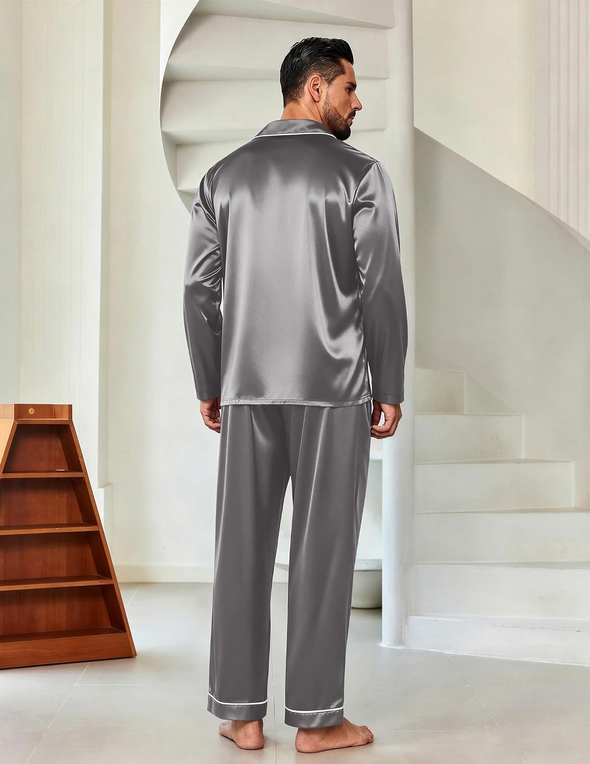 image:imageEkouaer Mens Pajamas Set Silk Satin Sleepwear Long Sleeve Button Down PjsDark Grey
