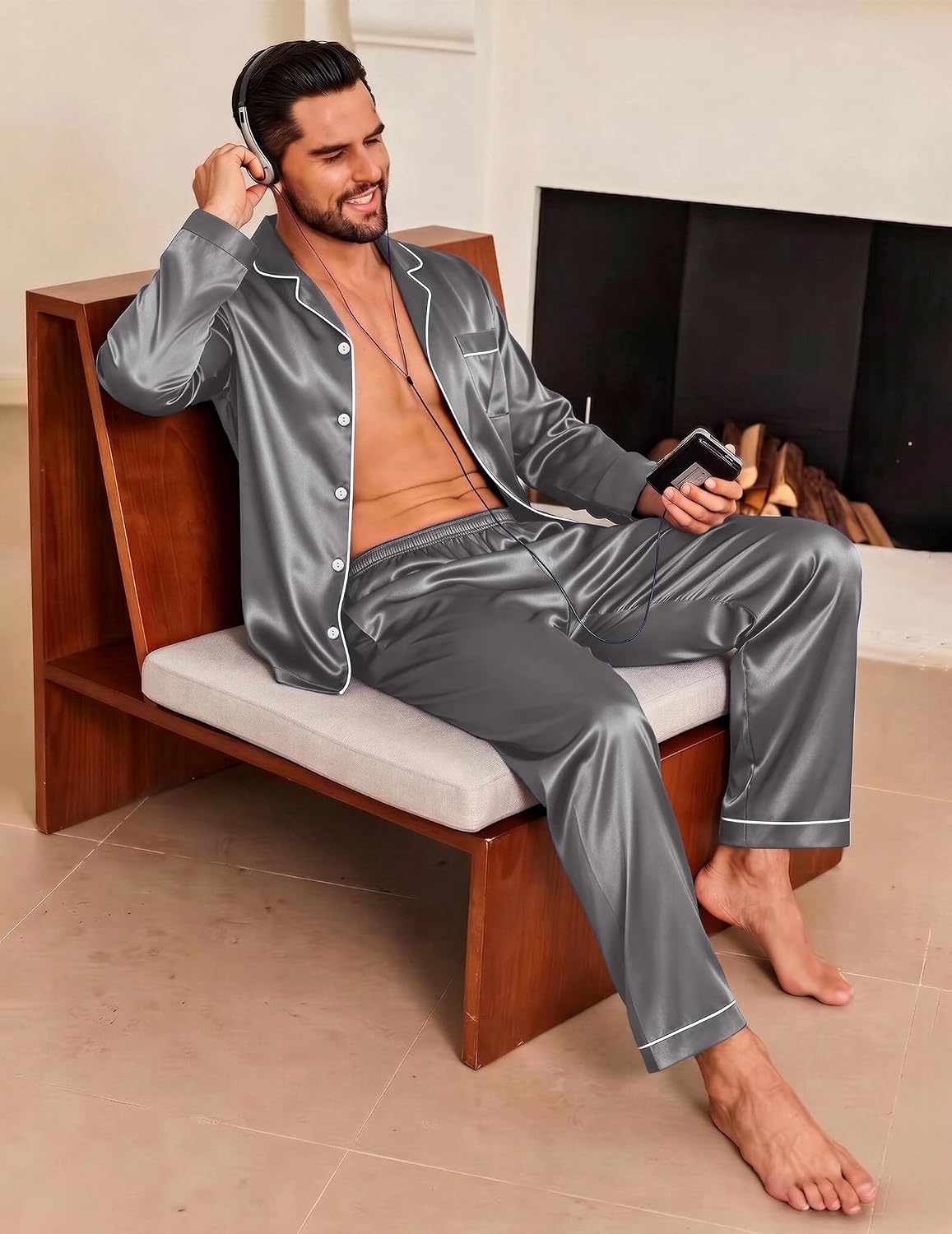 image:imageEkouaer Mens Pajamas Set Silk Satin Sleepwear Long Sleeve Button Down PjsDark Grey