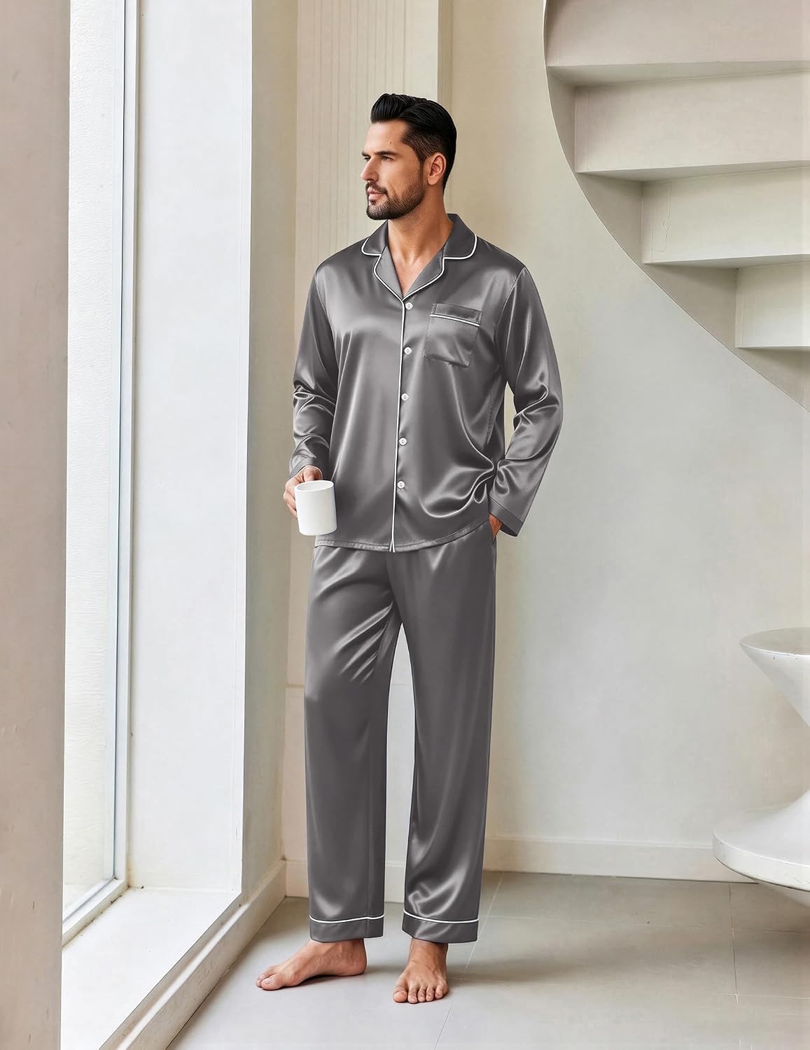 image:imageEkouaer Mens Pajamas Set Silk Satin Sleepwear Long Sleeve Button Down PjsDark Grey