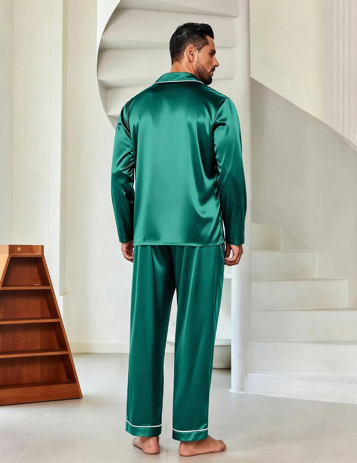 image:imageEkouaer Mens Pajamas Set Silk Satin Sleepwear Long Sleeve Button Down PjsGreen