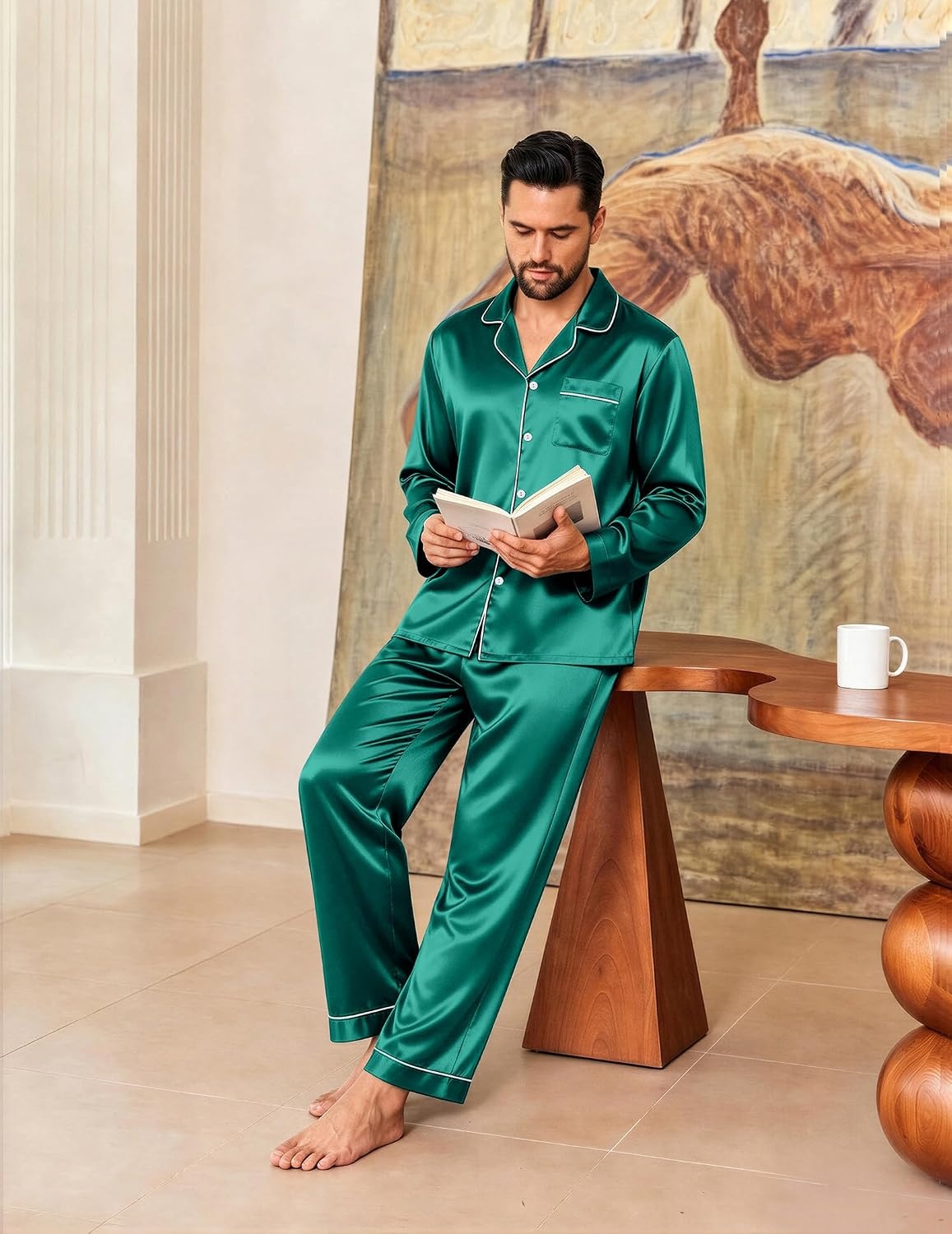 image:imageEkouaer Mens Pajamas Set Silk Satin Sleepwear Long Sleeve Button Down PjsGreen