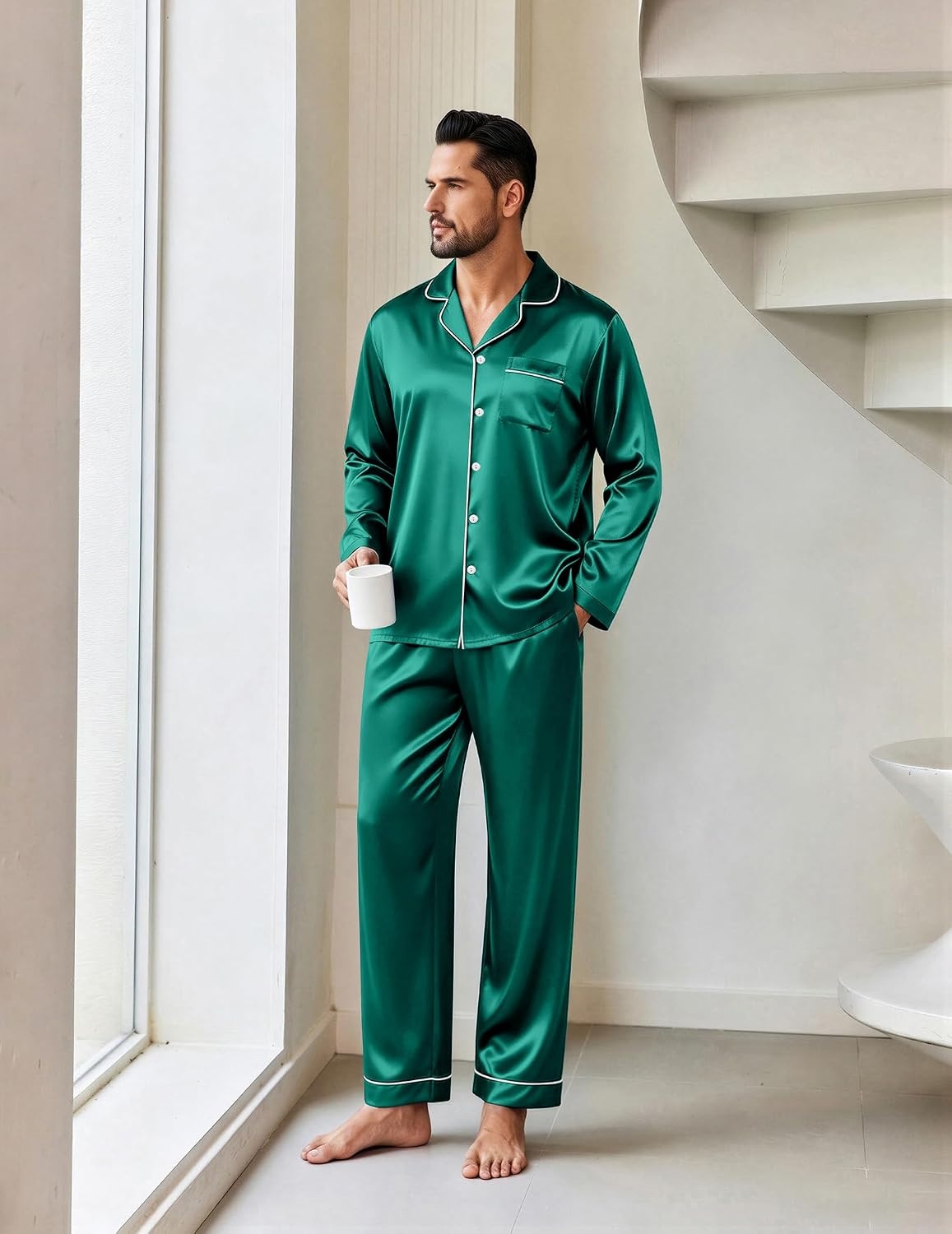 image:imageEkouaer Mens Pajamas Set Silk Satin Sleepwear Long Sleeve Button Down PjsGreen
