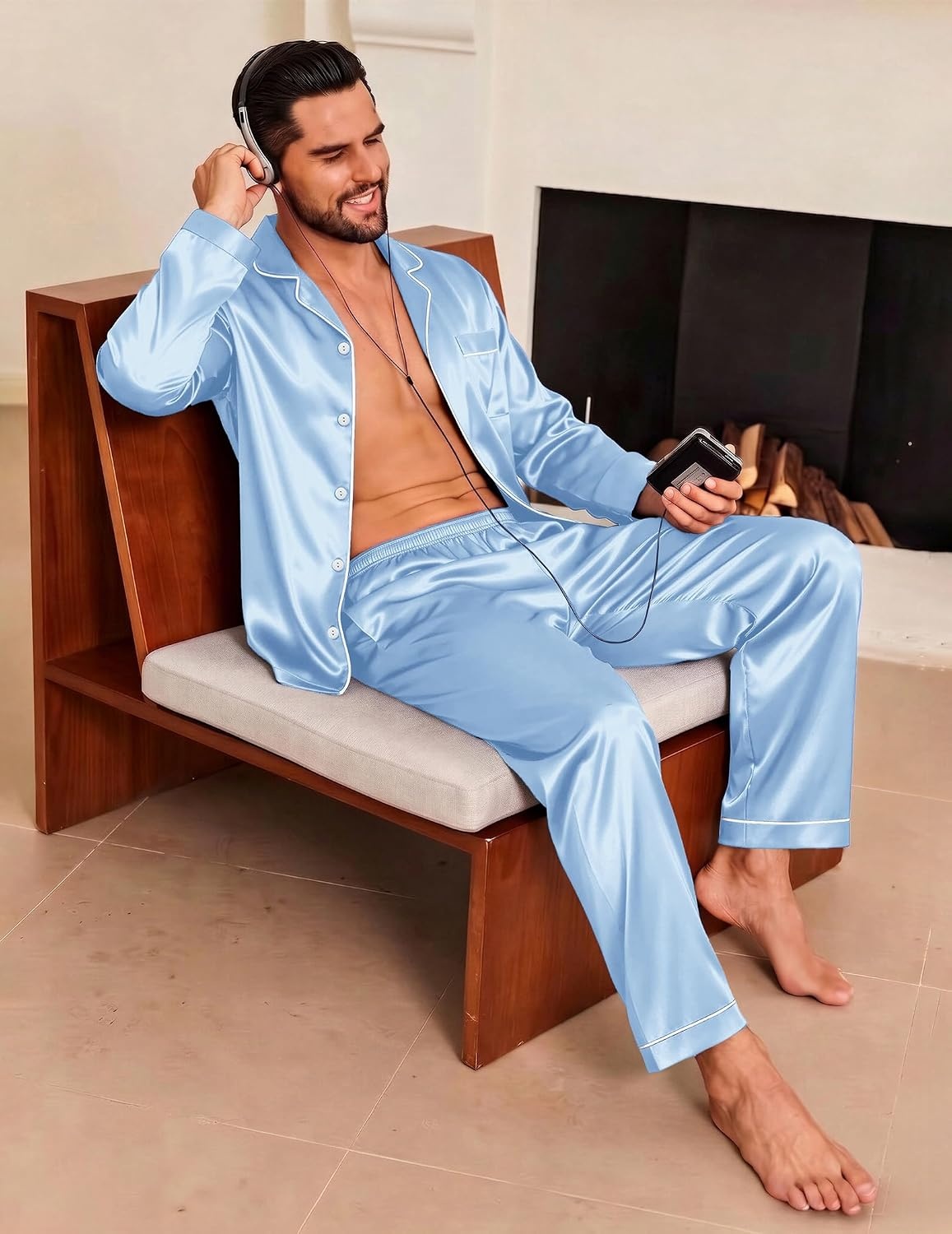 image:imageEkouaer Mens Pajamas Set Silk Satin Sleepwear Long Sleeve Button Down PjsLight Blue