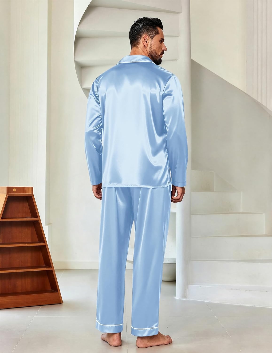 image:imageEkouaer Mens Pajamas Set Silk Satin Sleepwear Long Sleeve Button Down PjsLight Blue
