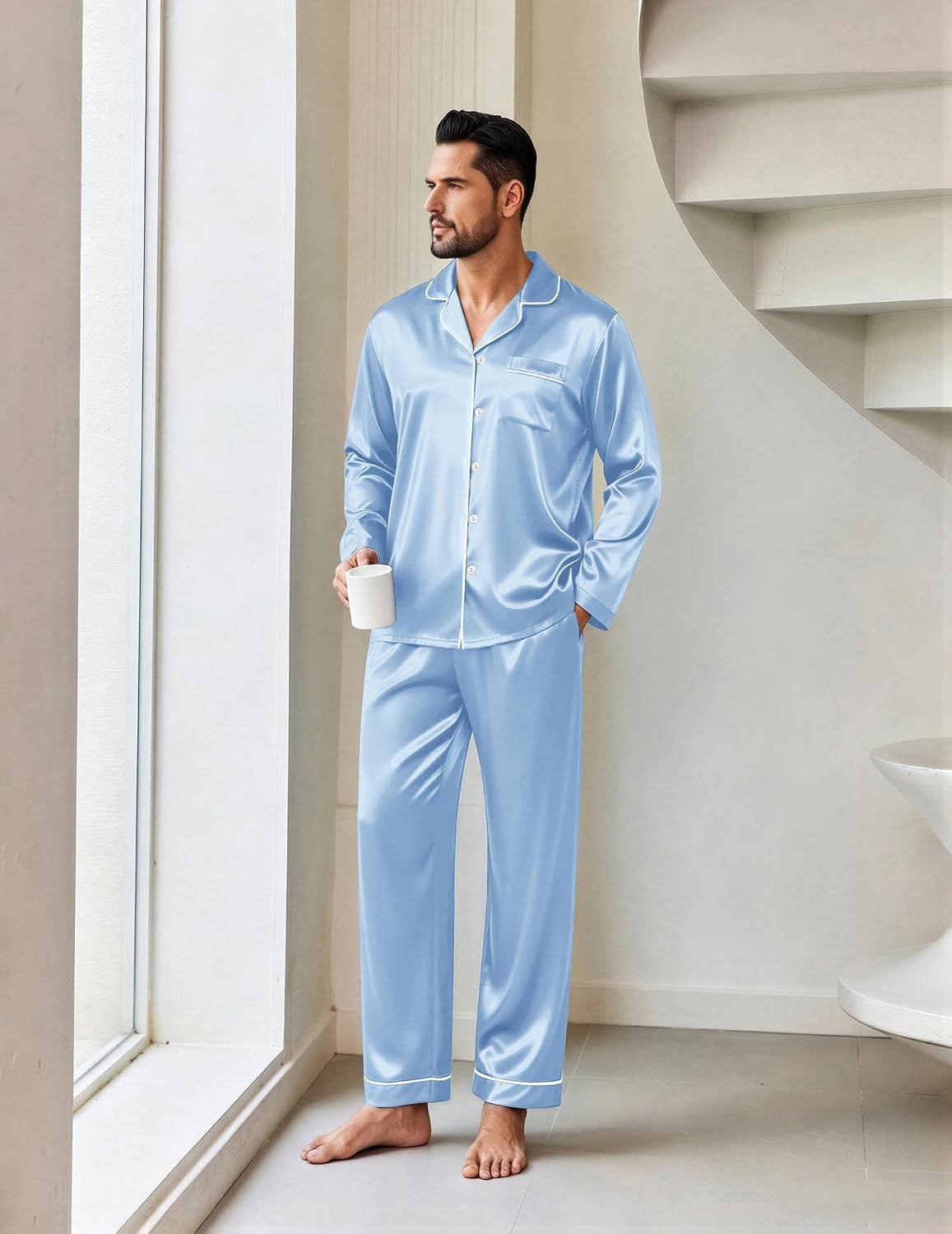 image:imageEkouaer Mens Pajamas Set Silk Satin Sleepwear Long Sleeve Button Down PjsLight Blue