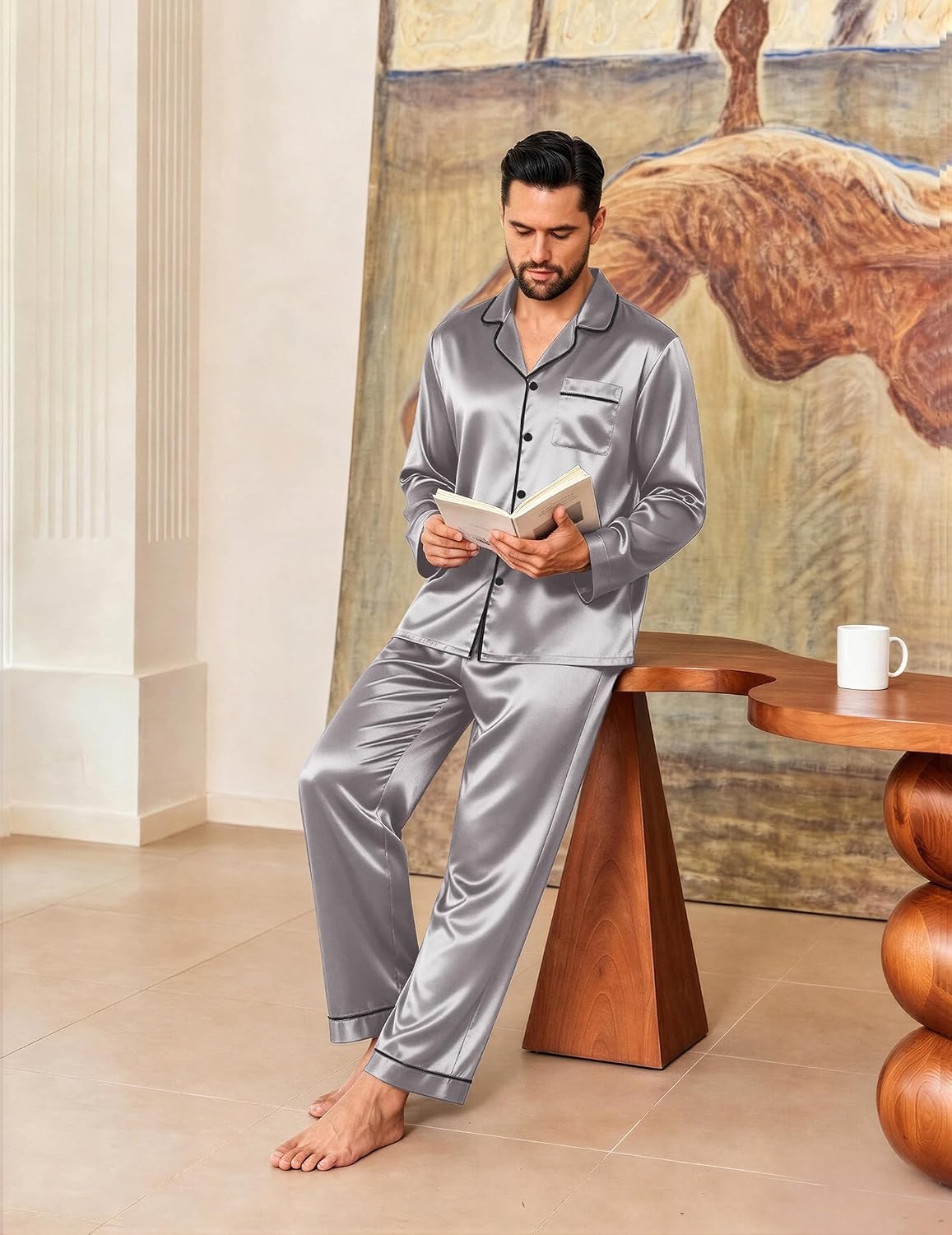 image:imageEkouaer Mens Pajamas Set Silk Satin Sleepwear Long Sleeve Button Down PjsLight Grey