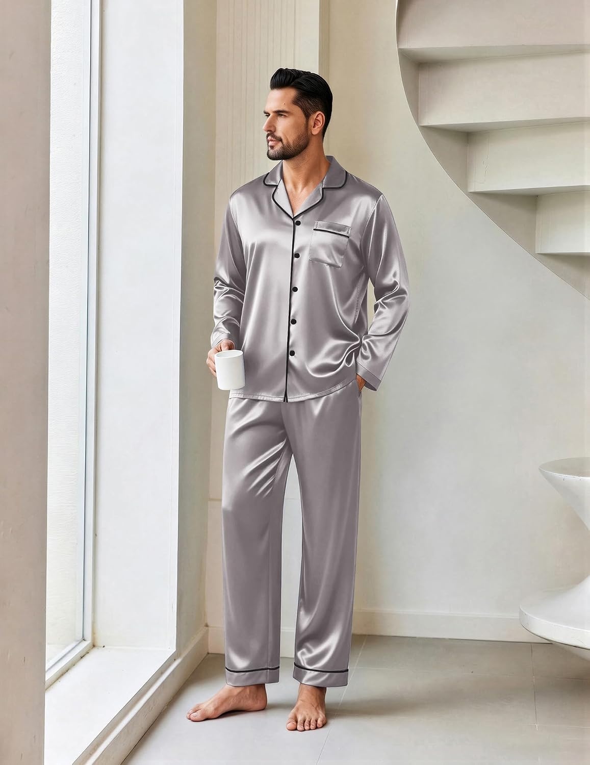 image:imageEkouaer Mens Pajamas Set Silk Satin Sleepwear Long Sleeve Button Down PjsLight Grey