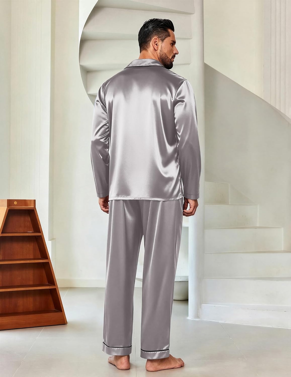 image:imageEkouaer Mens Pajamas Set Silk Satin Sleepwear Long Sleeve Button Down PjsLight Grey