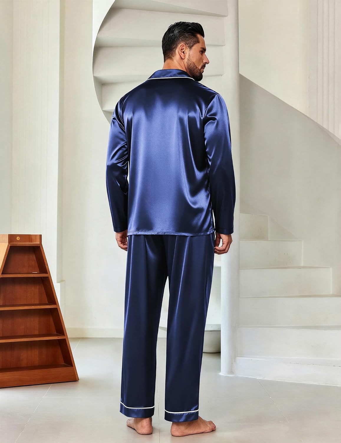 image:imageEkouaer Mens Pajamas Set Silk Satin Sleepwear Long Sleeve Button Down PjsNavy