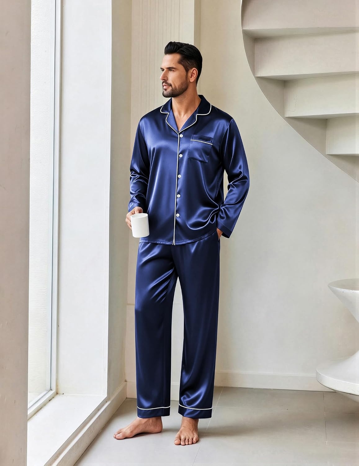 image:imageEkouaer Mens Pajamas Set Silk Satin Sleepwear Long Sleeve Button Down PjsNavy
