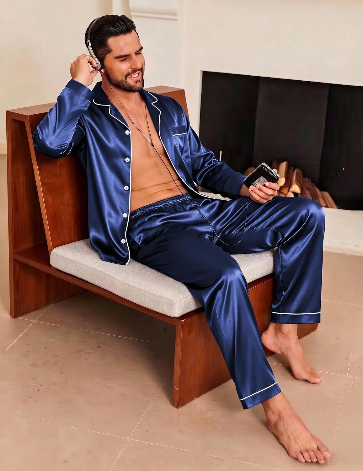 image:imageEkouaer Mens Pajamas Set Silk Satin Sleepwear Long Sleeve Button Down PjsNavy