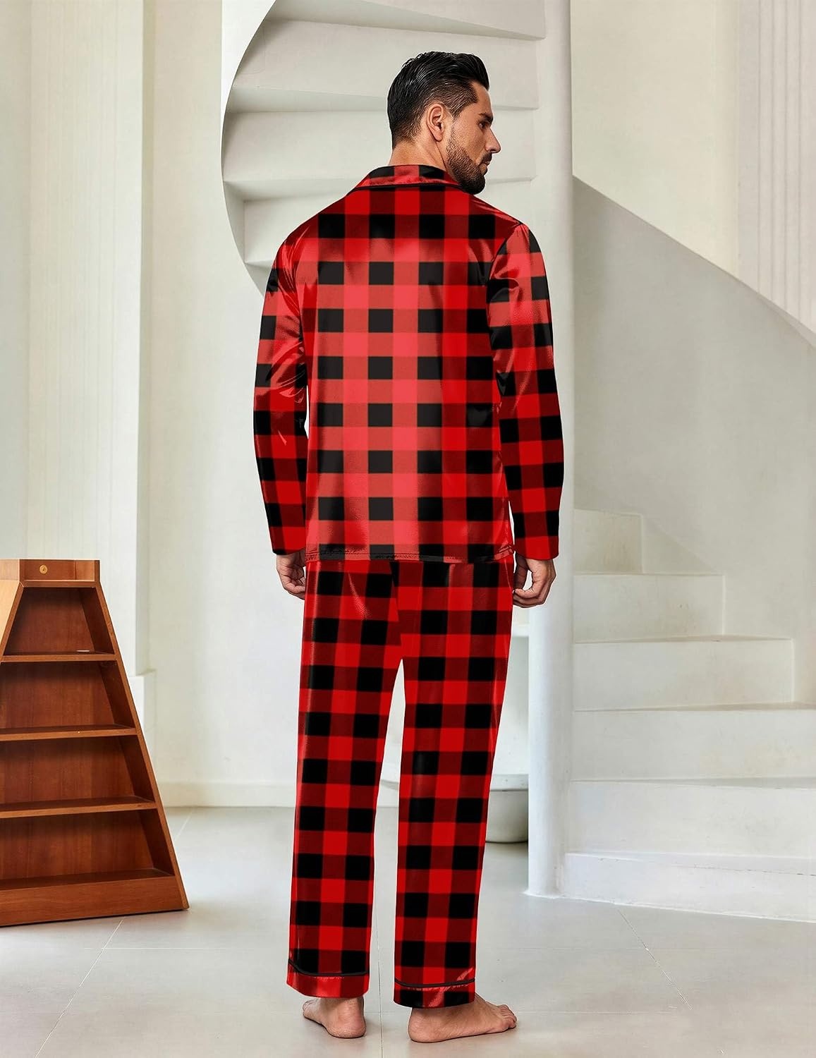 image:imageEkouaer Mens Pajamas Set Silk Satin Sleepwear Long Sleeve Button Down PjsPlaid Black Red