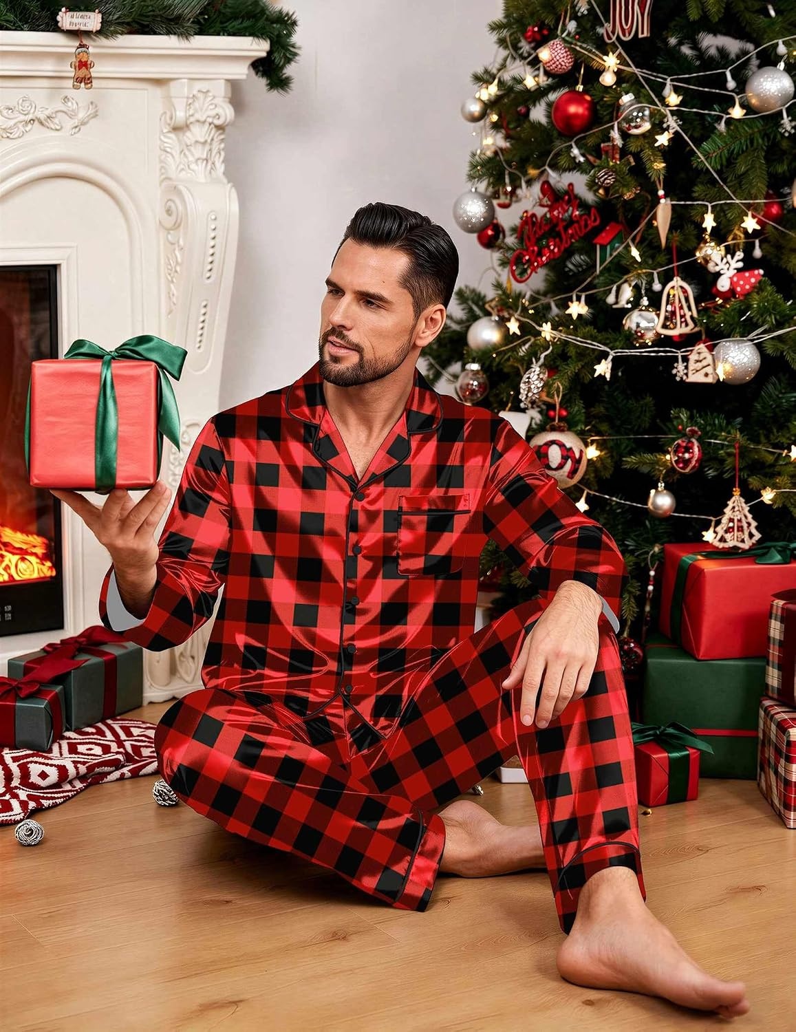 image:imageEkouaer Mens Pajamas Set Silk Satin Sleepwear Long Sleeve Button Down PjsPlaid Black Red