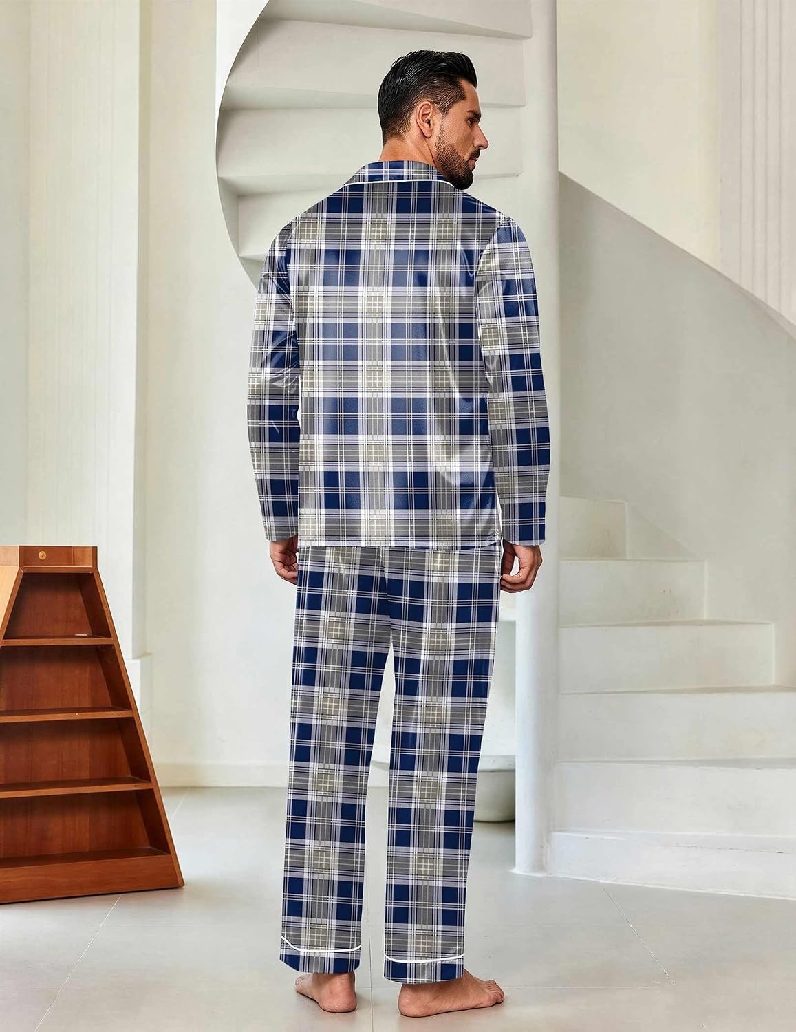 image:imageEkouaer Mens Pajamas Set Silk Satin Sleepwear Long Sleeve Button Down PjsPlaid Navy Grey