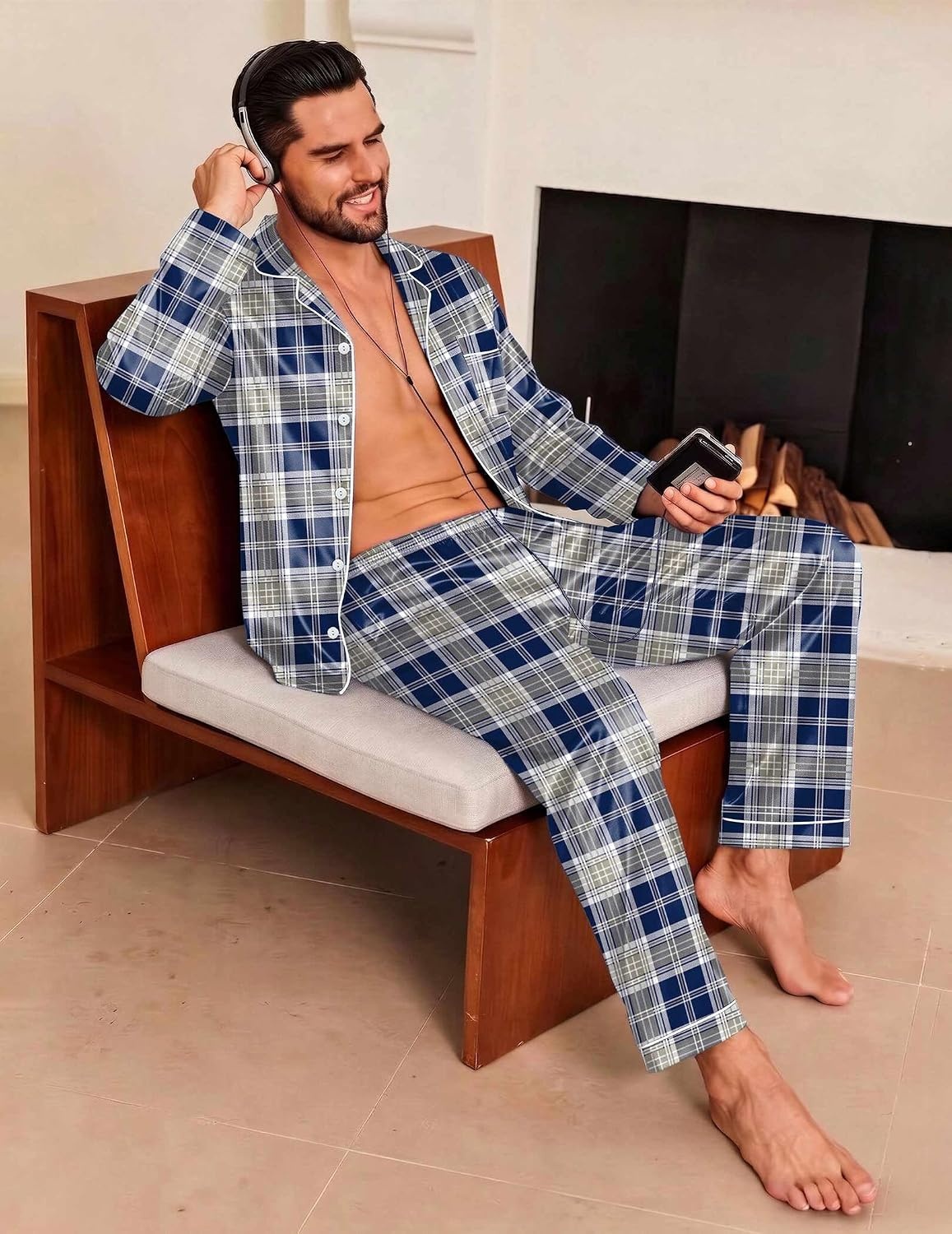 image:imageEkouaer Mens Pajamas Set Silk Satin Sleepwear Long Sleeve Button Down PjsPlaid Navy Grey