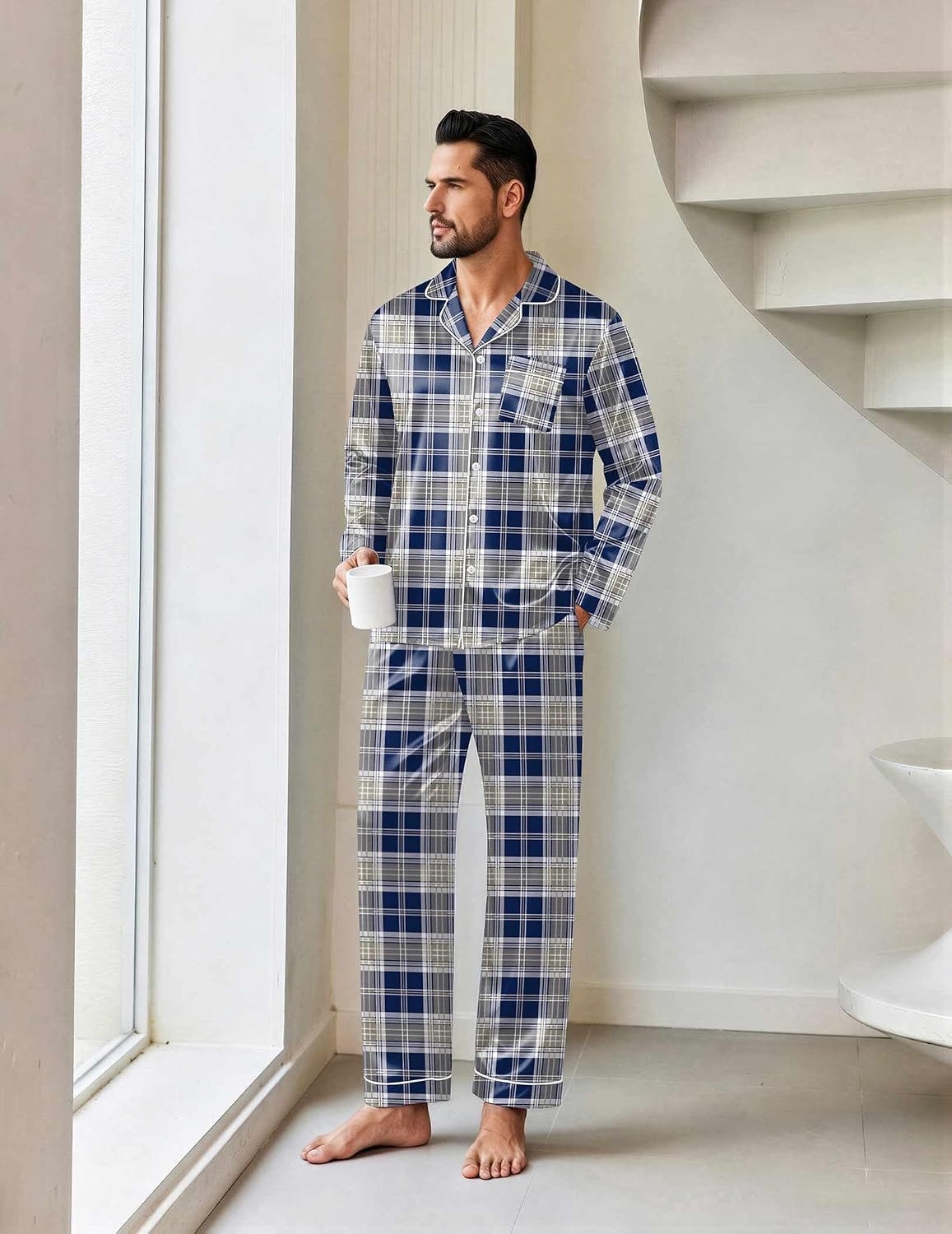 image:imageEkouaer Mens Pajamas Set Silk Satin Sleepwear Long Sleeve Button Down PjsPlaid Navy Grey