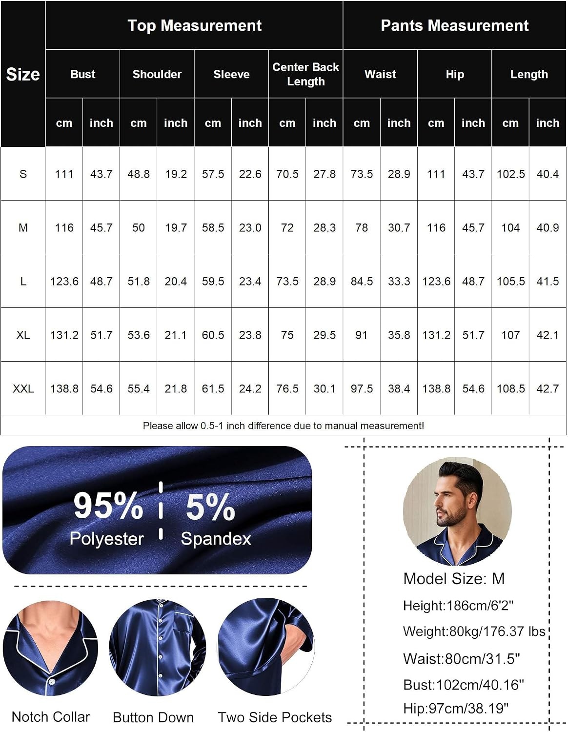 image:imageEkouaer Mens Pajamas Set Silk Satin Sleepwear Long Sleeve Button Down PjsPlaid Navy Grey