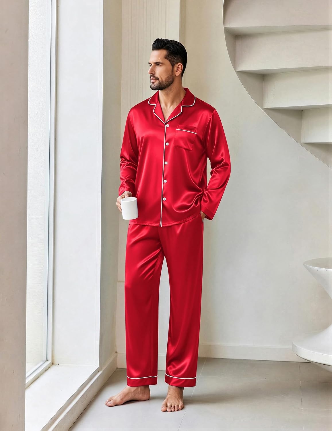 image:imageEkouaer Mens Pajamas Set Silk Satin Sleepwear Long Sleeve Button Down PjsRed