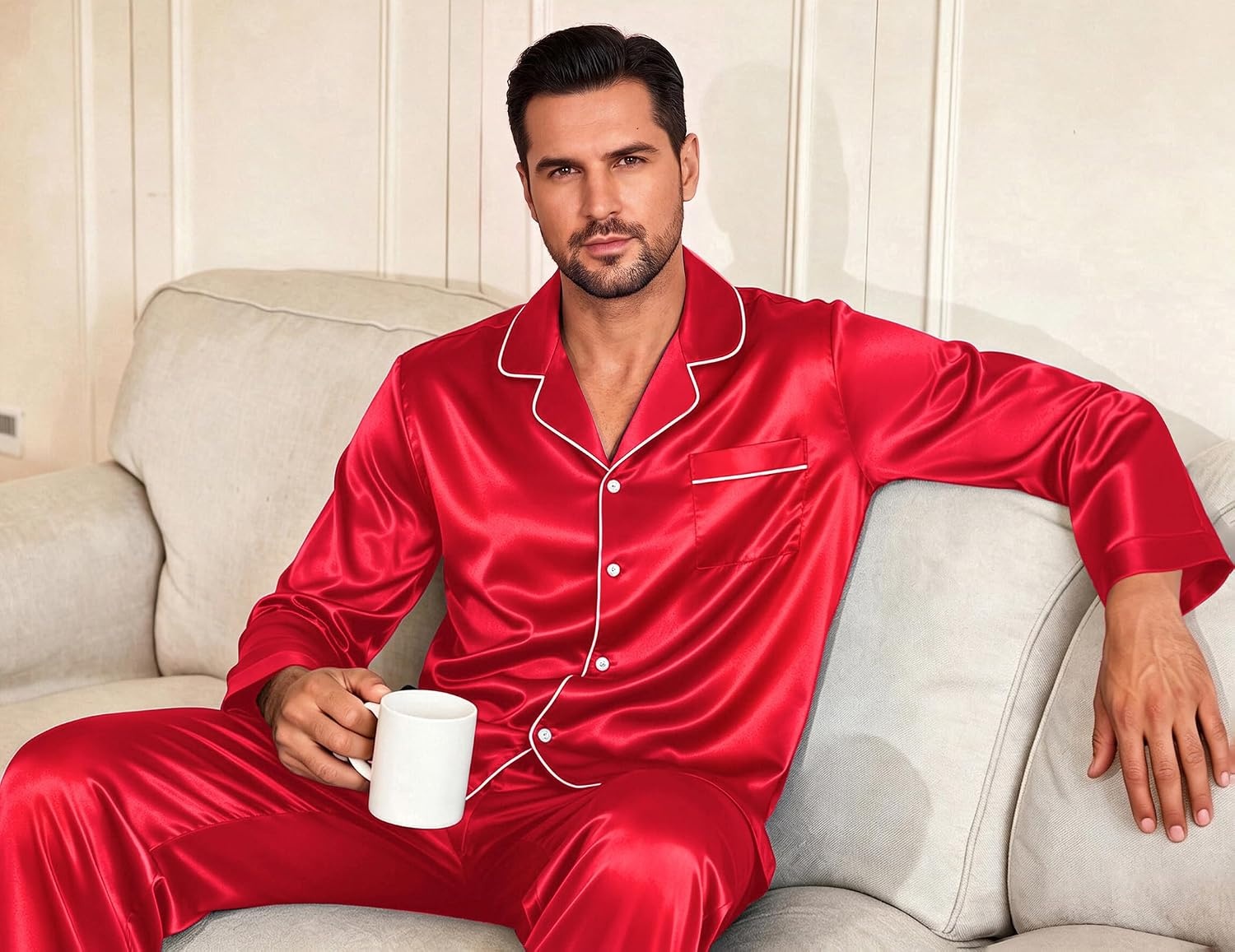 image:imageEkouaer Mens Pajamas Set Silk Satin Sleepwear Long Sleeve Button Down PjsRed