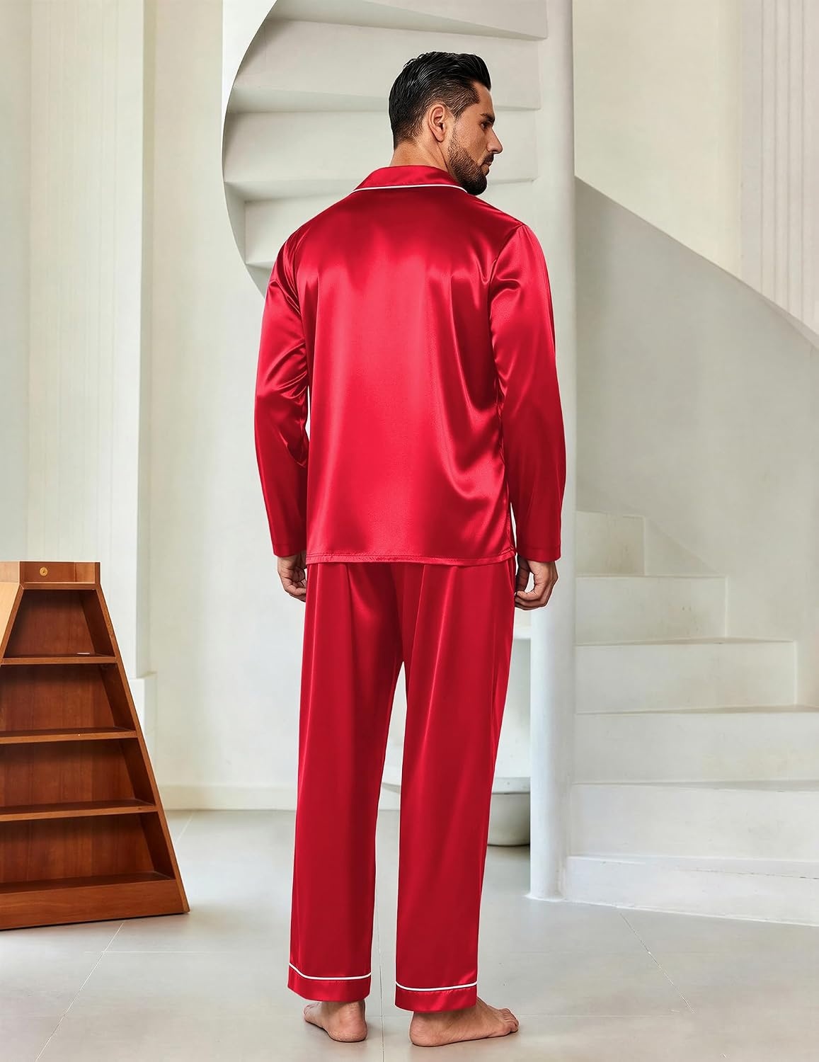 image:imageEkouaer Mens Pajamas Set Silk Satin Sleepwear Long Sleeve Button Down PjsRed