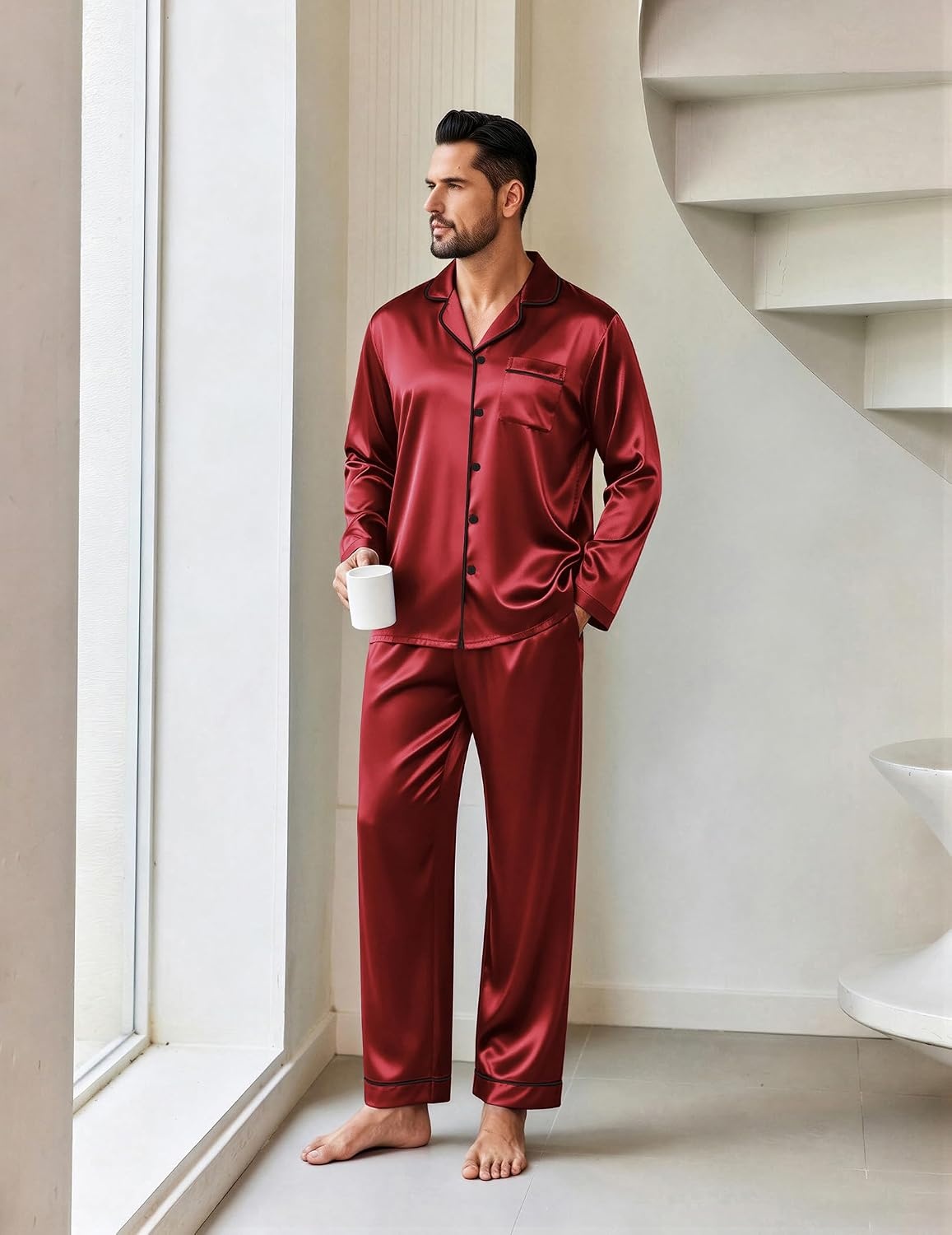 image:imageEkouaer Mens Pajamas Set Silk Satin Sleepwear Long Sleeve Button Down PjsWine