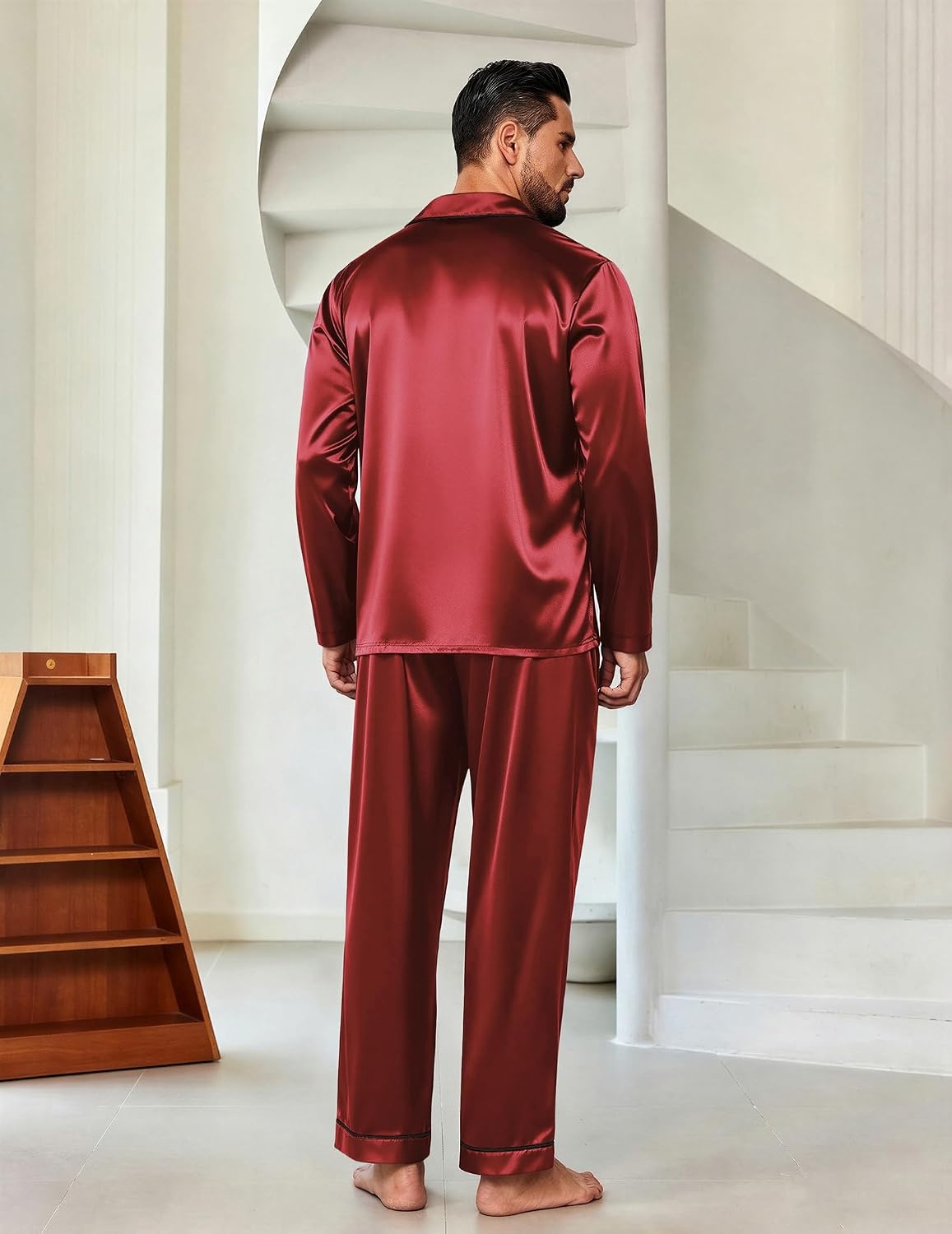 image:imageEkouaer Mens Pajamas Set Silk Satin Sleepwear Long Sleeve Button Down PjsWine