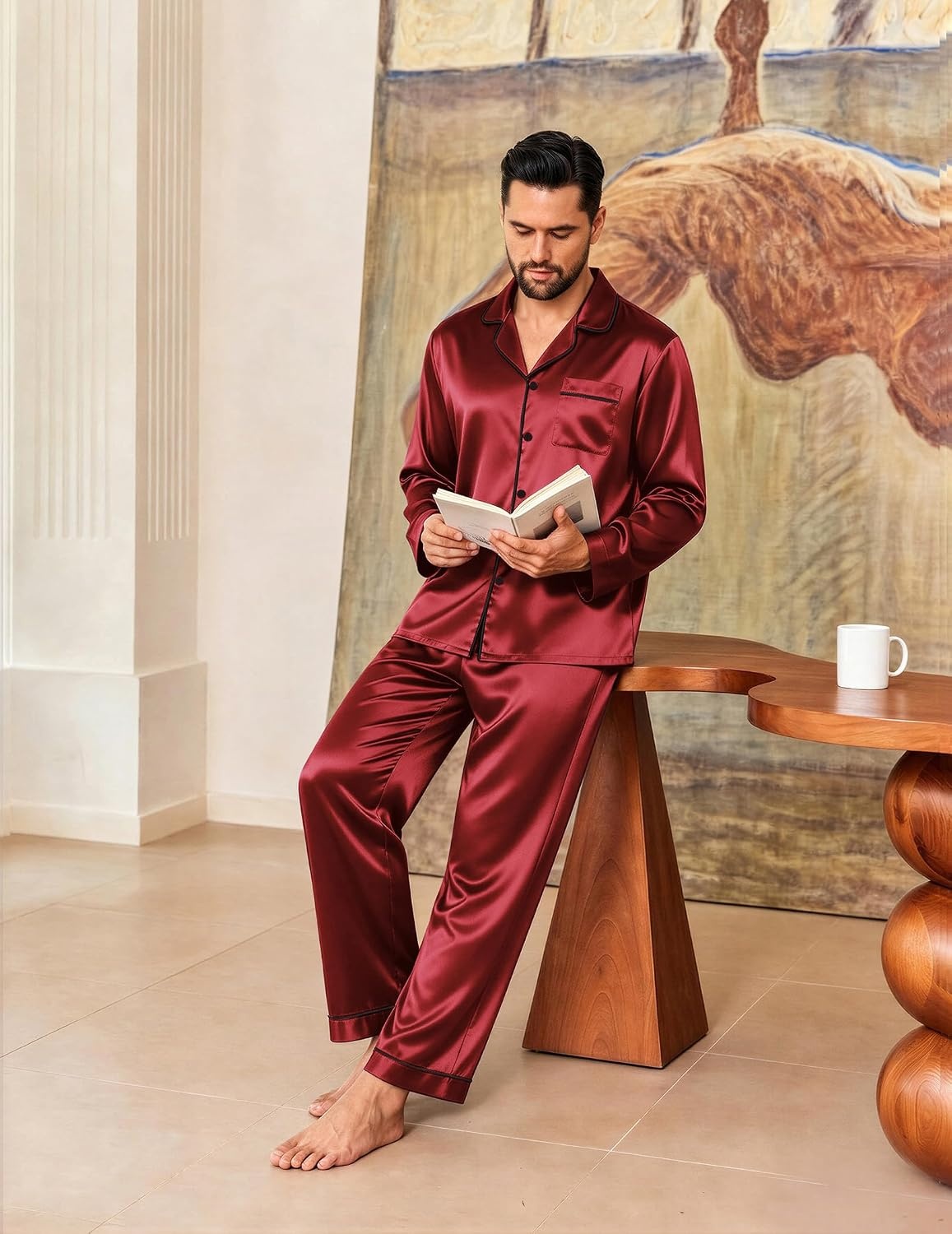 image:imageEkouaer Mens Pajamas Set Silk Satin Sleepwear Long Sleeve Button Down PjsWine