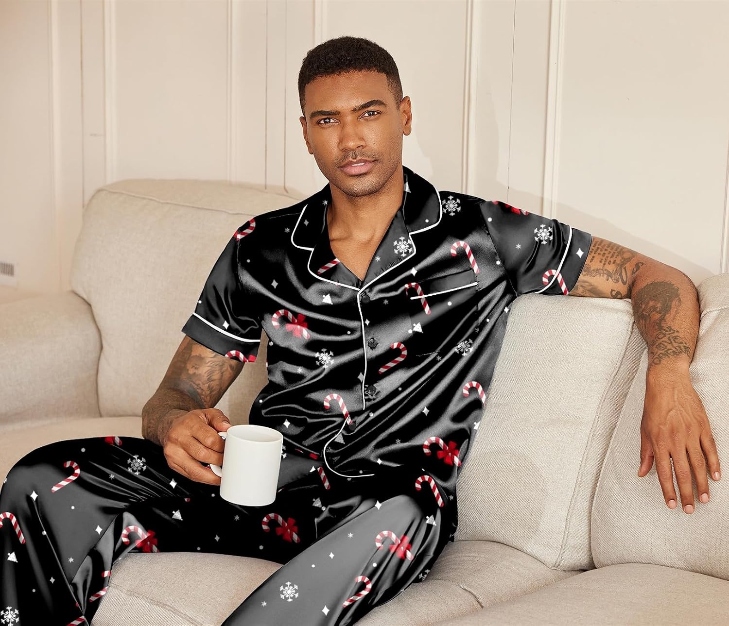 image:imageEkouaer Mens Satin Pajama Set Short Sleeve Button Down Sleepwear with PantChristmas Black