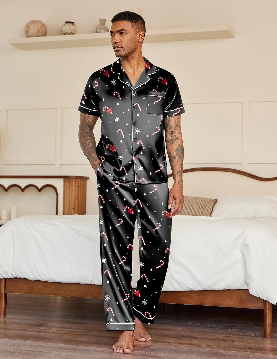 image:imageEkouaer Mens Satin Pajama Set Short Sleeve Button Down Sleepwear with PantChristmas Black