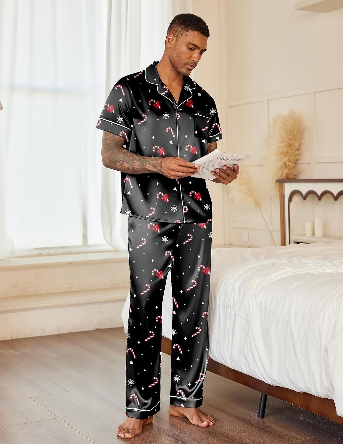 image:imageEkouaer Mens Satin Pajama Set Short Sleeve Button Down Sleepwear with PantChristmas Black
