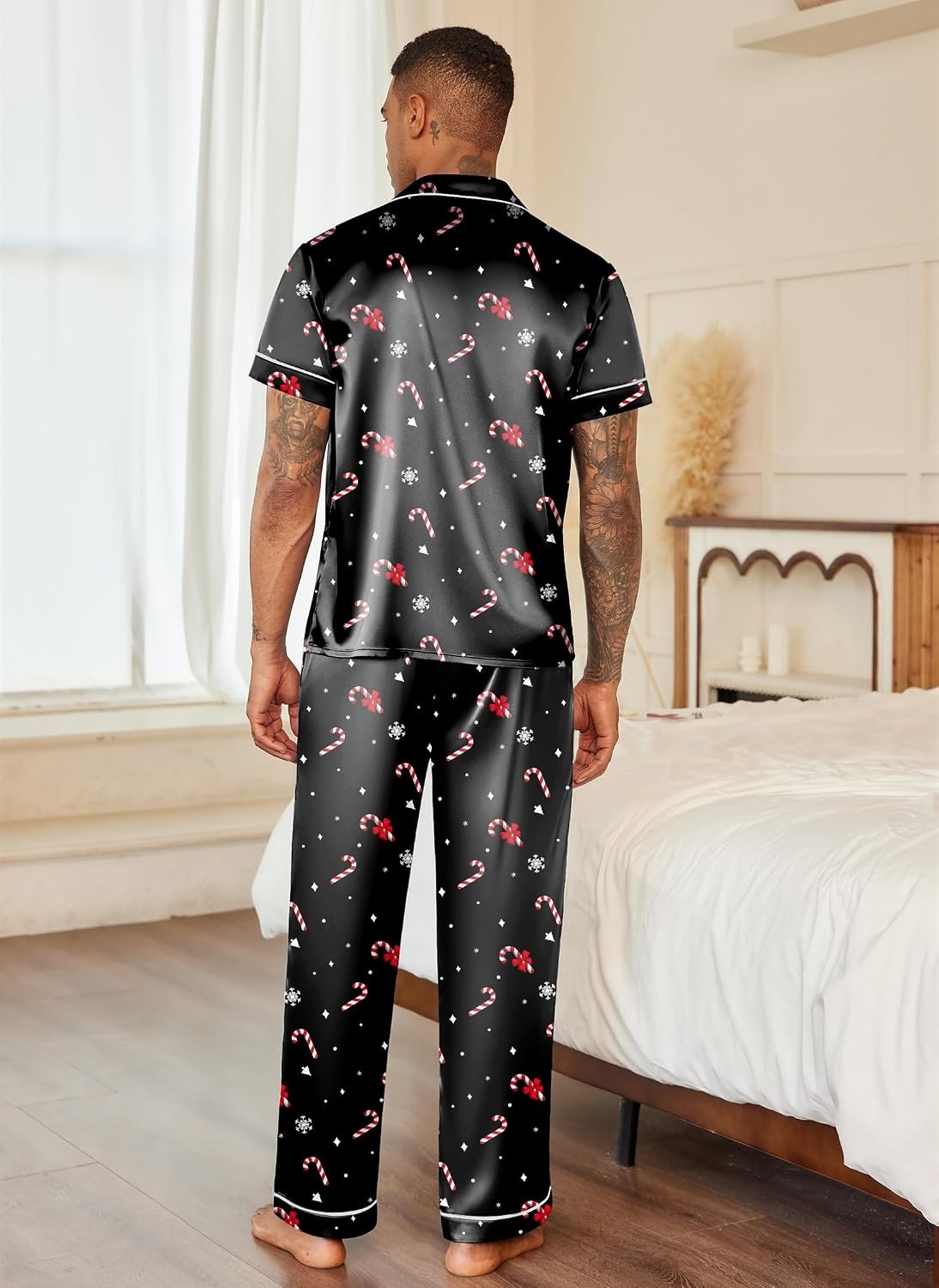 image:imageEkouaer Mens Satin Pajama Set Short Sleeve Button Down Sleepwear with PantChristmas Black
