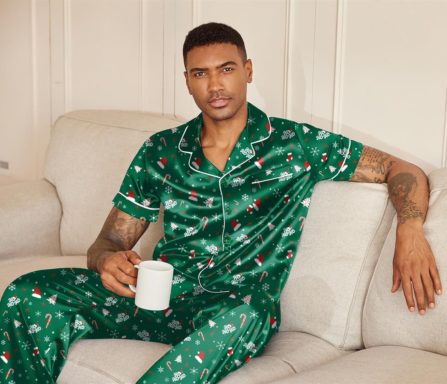 image:imageEkouaer Mens Satin Pajama Set Short Sleeve Button Down Sleepwear with PantChristmas Green