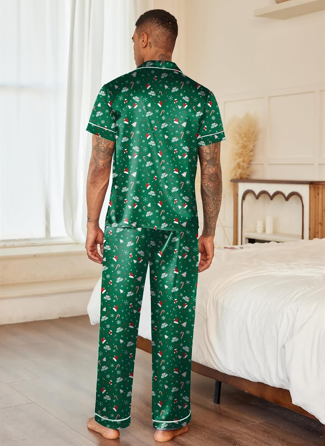 image:imageEkouaer Mens Satin Pajama Set Short Sleeve Button Down Sleepwear with PantChristmas Green