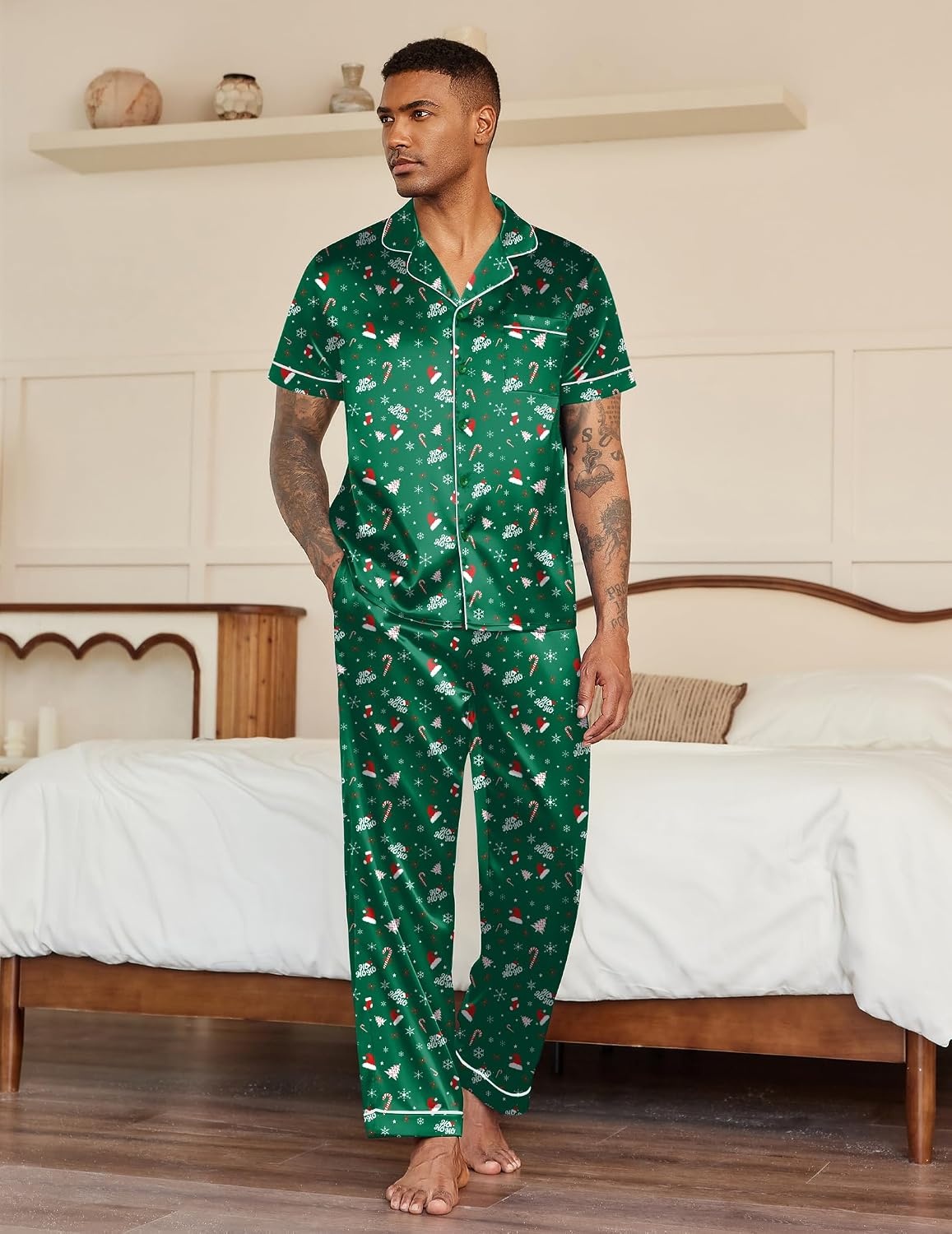 image:imageEkouaer Mens Satin Pajama Set Short Sleeve Button Down Sleepwear with PantChristmas Green