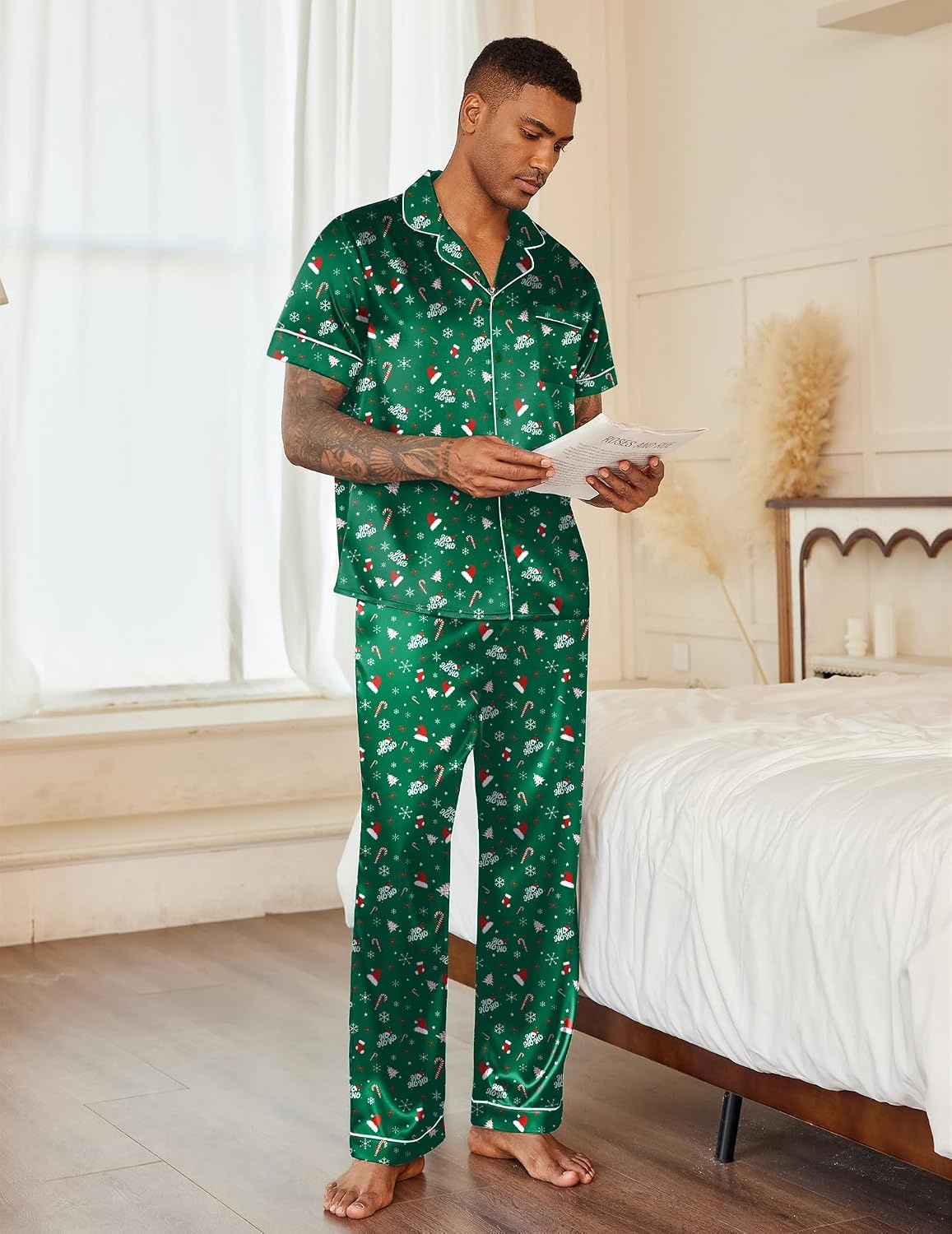 image:imageEkouaer Mens Satin Pajama Set Short Sleeve Button Down Sleepwear with PantChristmas Green