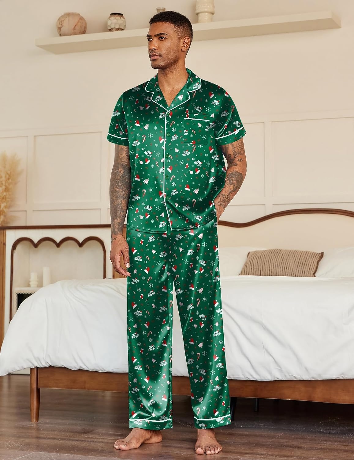 image:imageEkouaer Mens Satin Pajama Set Short Sleeve Button Down Sleepwear with PantChristmas Green