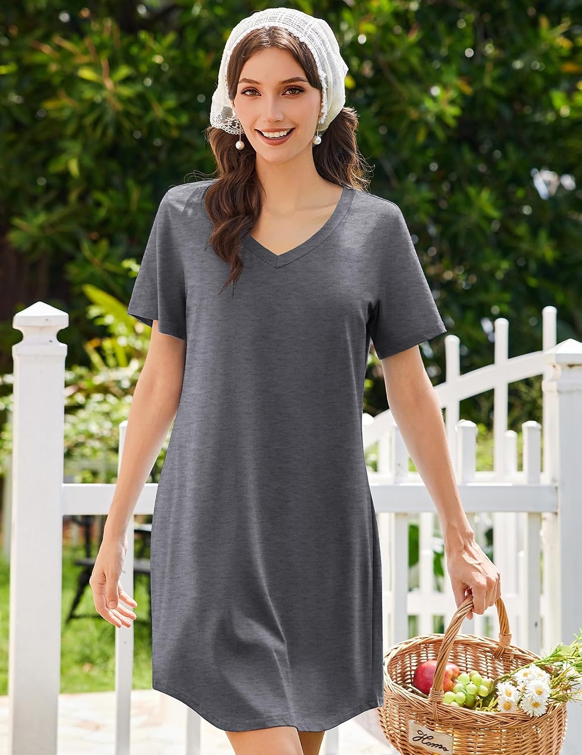 image:imageEkouaer Nightgowns for Women Bamboo Viscose Night Gown Soft Sleep ShirtDark Grey
