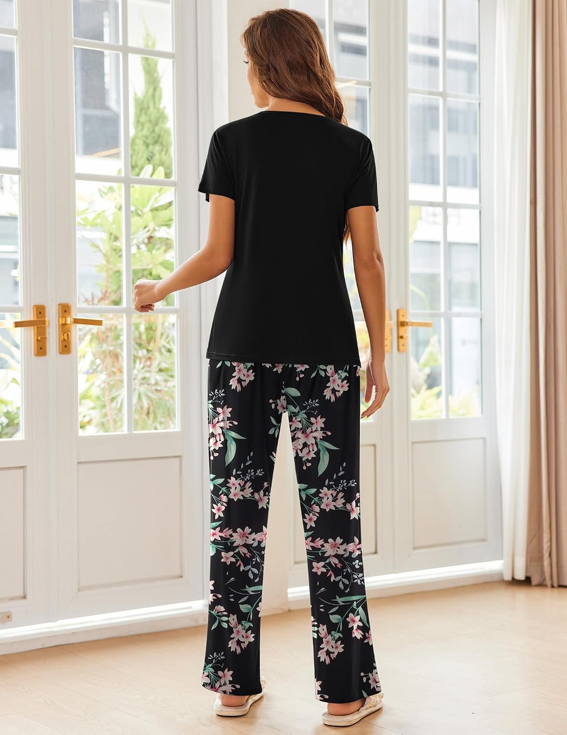 image:imageEkouaer Pajama Sets for Women 2 Piece Short Sleeve Pj V Neck Chest PocketBlackpink Floral