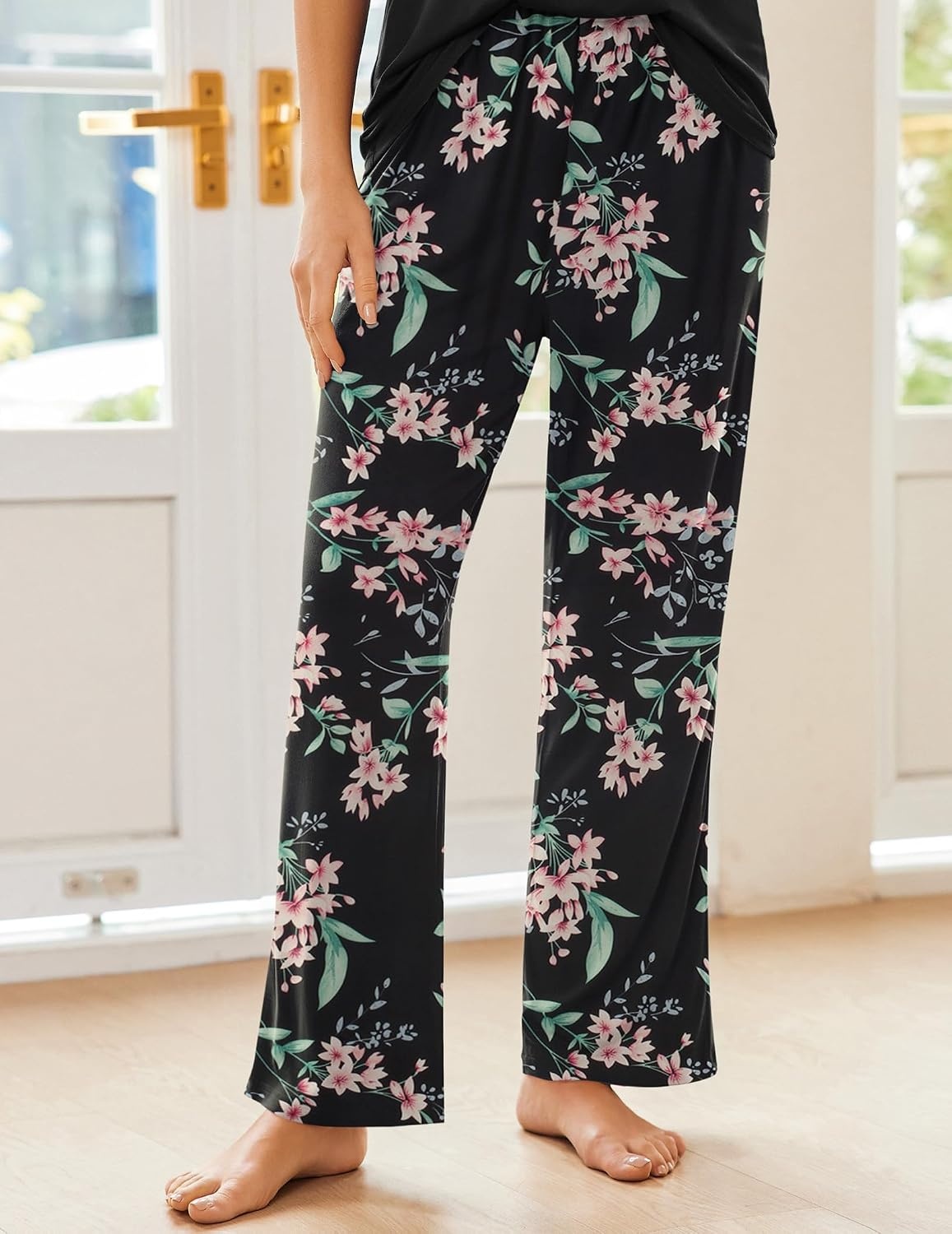image:imageEkouaer Pajama Sets for Women 2 Piece Short Sleeve Pj V Neck Chest PocketBlackpink Floral