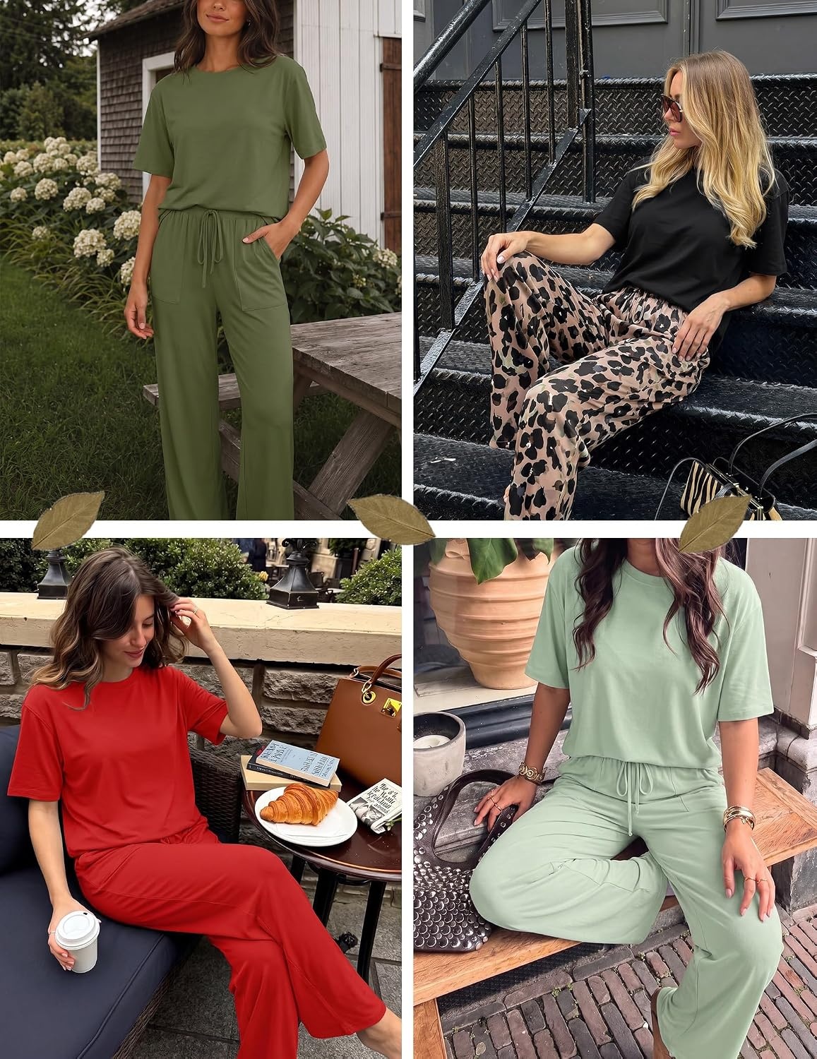 image:imageEkouaer Pajama Sets for Women 2 Piece Short Sleeve Top Straight Pants PjsArmy Green