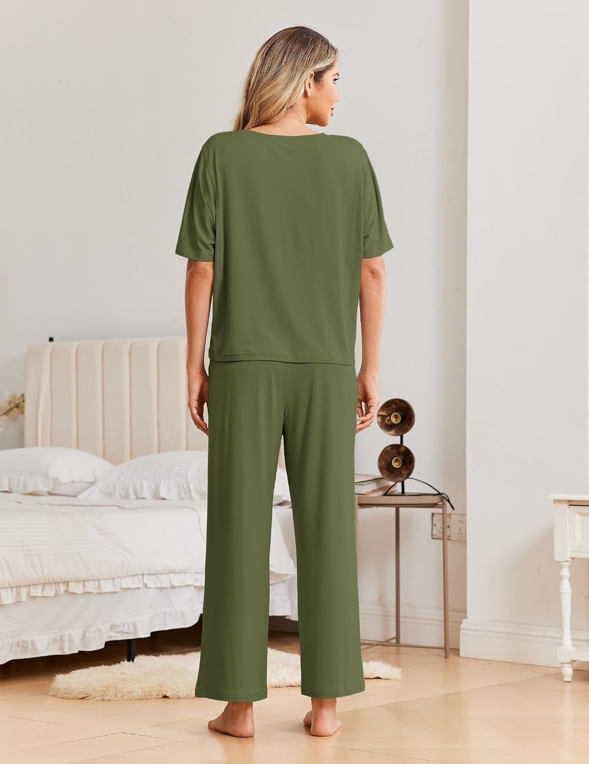 image:imageEkouaer Pajama Sets for Women 2 Piece Short Sleeve Top Straight Pants PjsArmy Green
