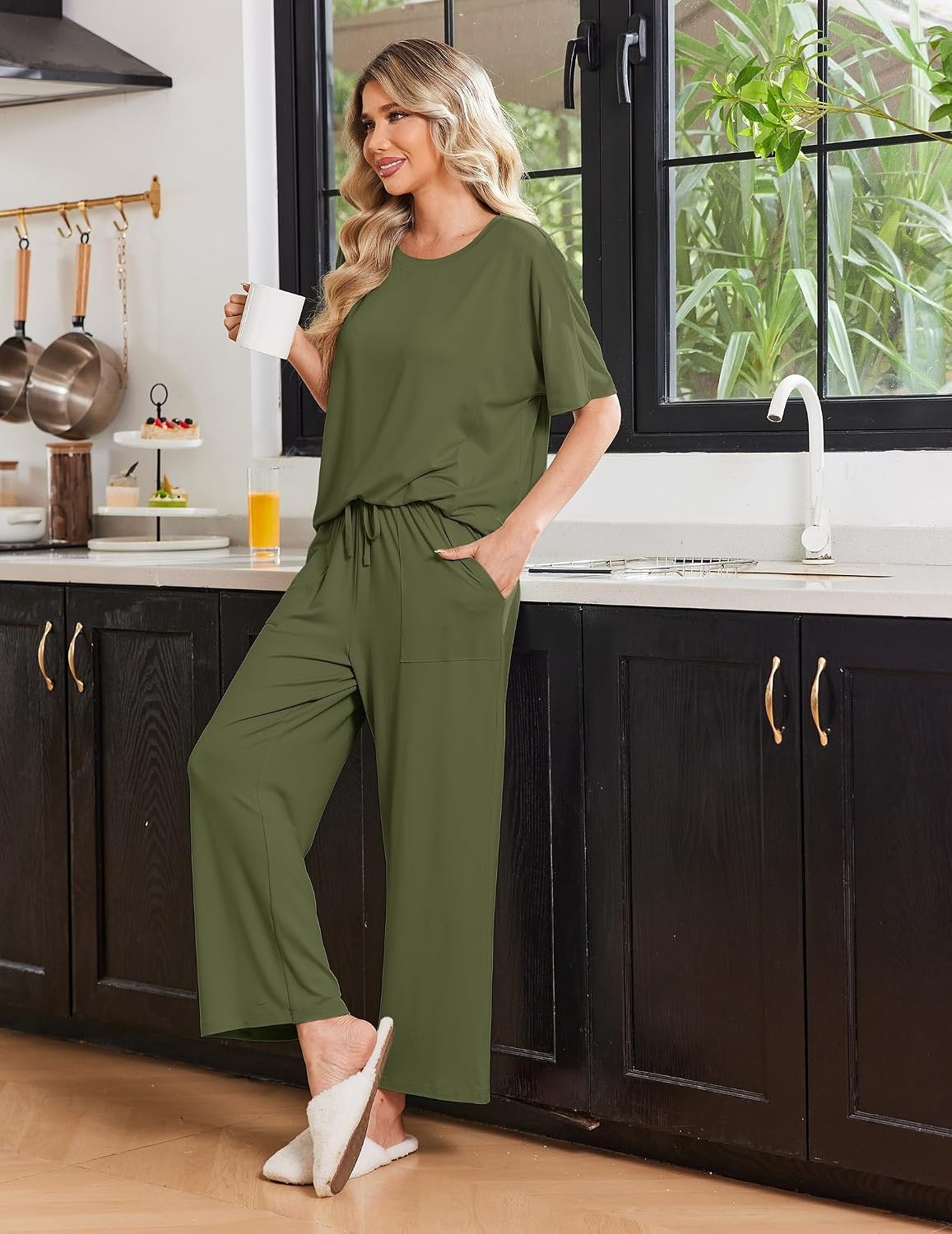 image:imageEkouaer Pajama Sets for Women 2 Piece Short Sleeve Top Straight Pants PjsArmy Green
